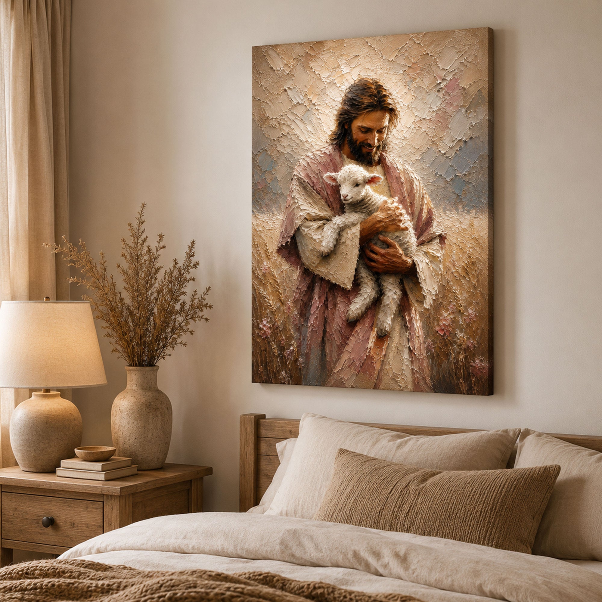 Jesus Holding Lamb Canvas Print, Good Shepherd Christian Wall Art, Peaceful Faith Home Decor