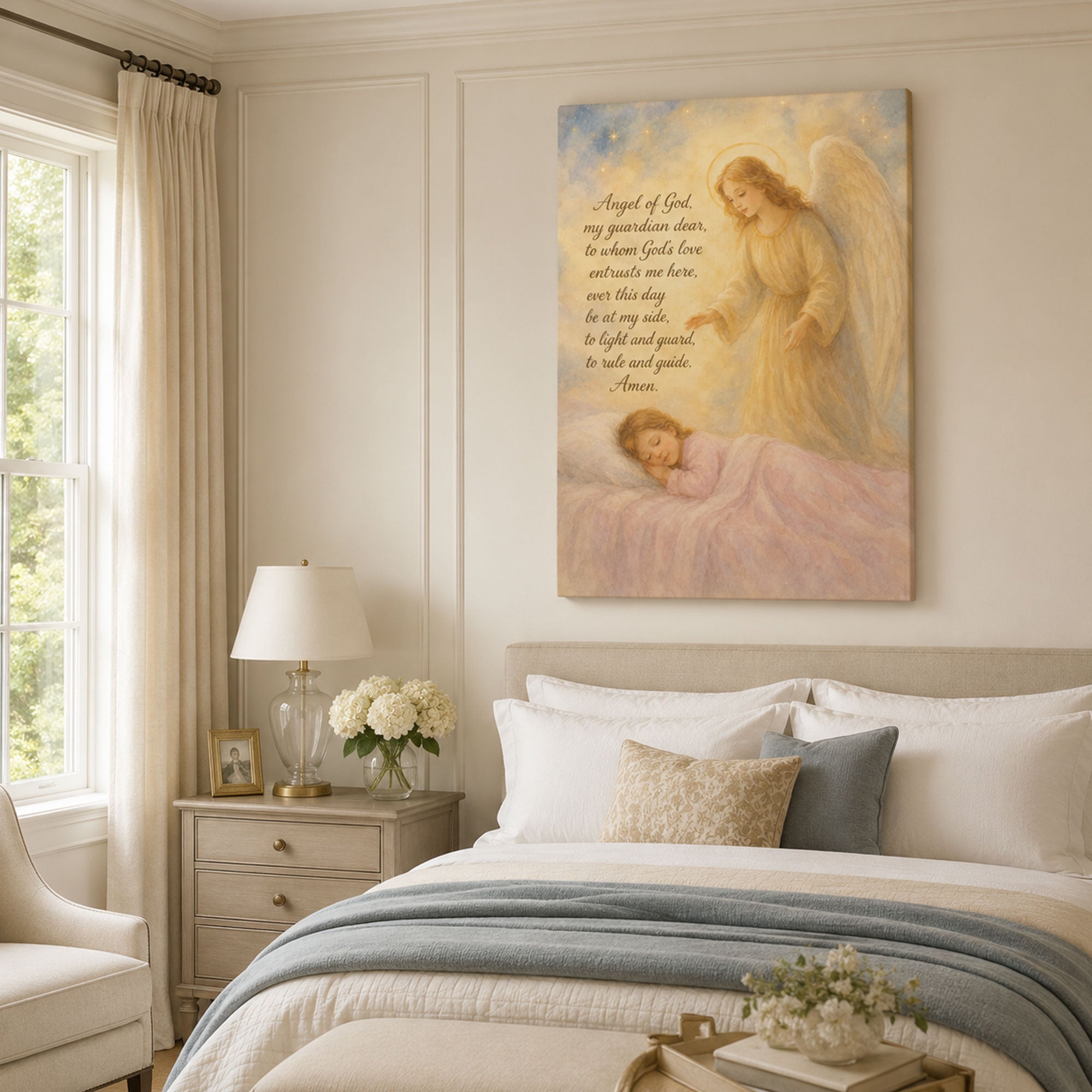 Angel of God Prayer Canvas Print, Guardian Angel and Sleeping Child Art