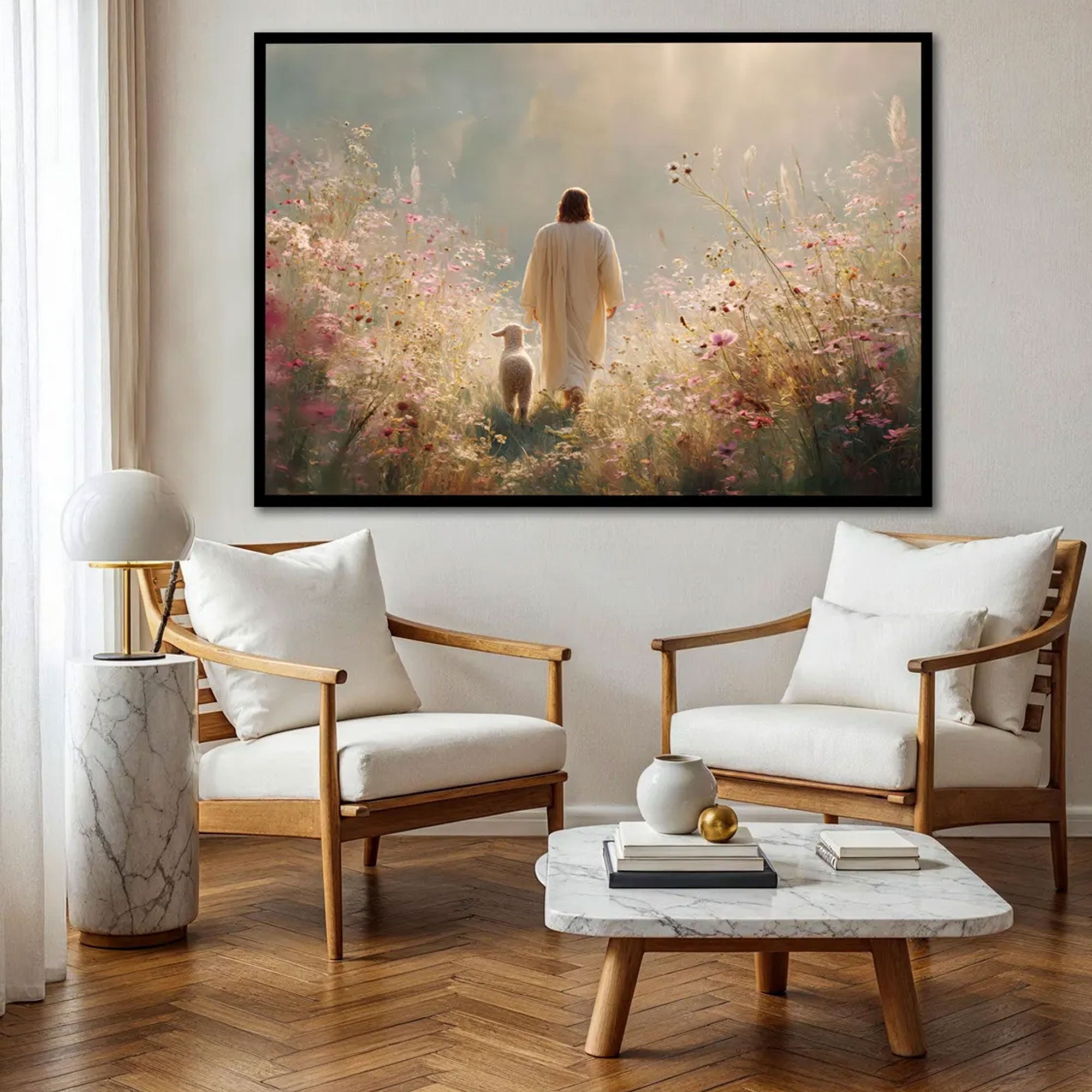 Jesus and Lamb Canvas Print, Peaceful Pastoral Wall Art, Christian Floral Field Decor, Religious Gift