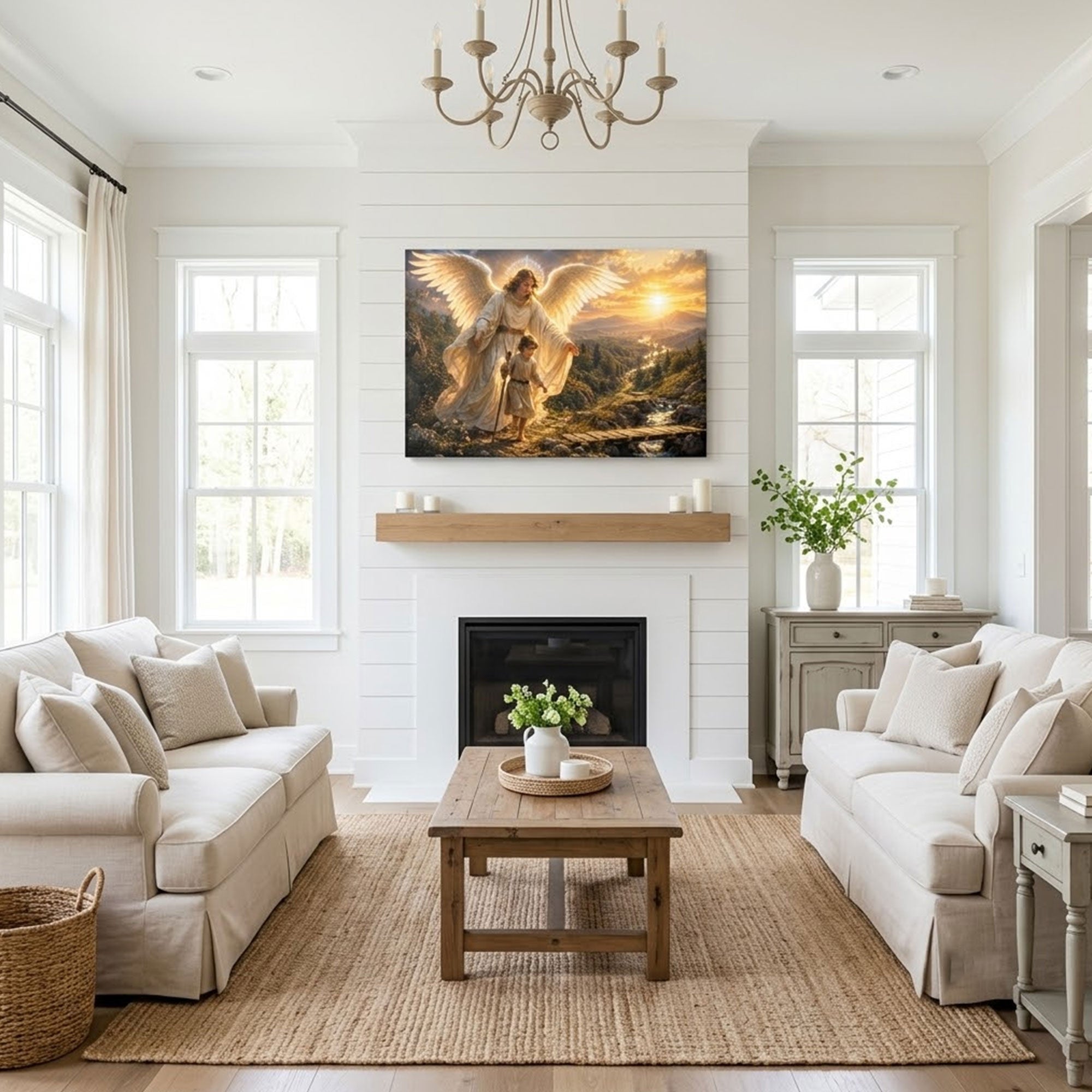 Angel Watching Over Child Canvas Print, Heavenly Christian Wall Art, Golden Sunset Faith Home Decor Gift