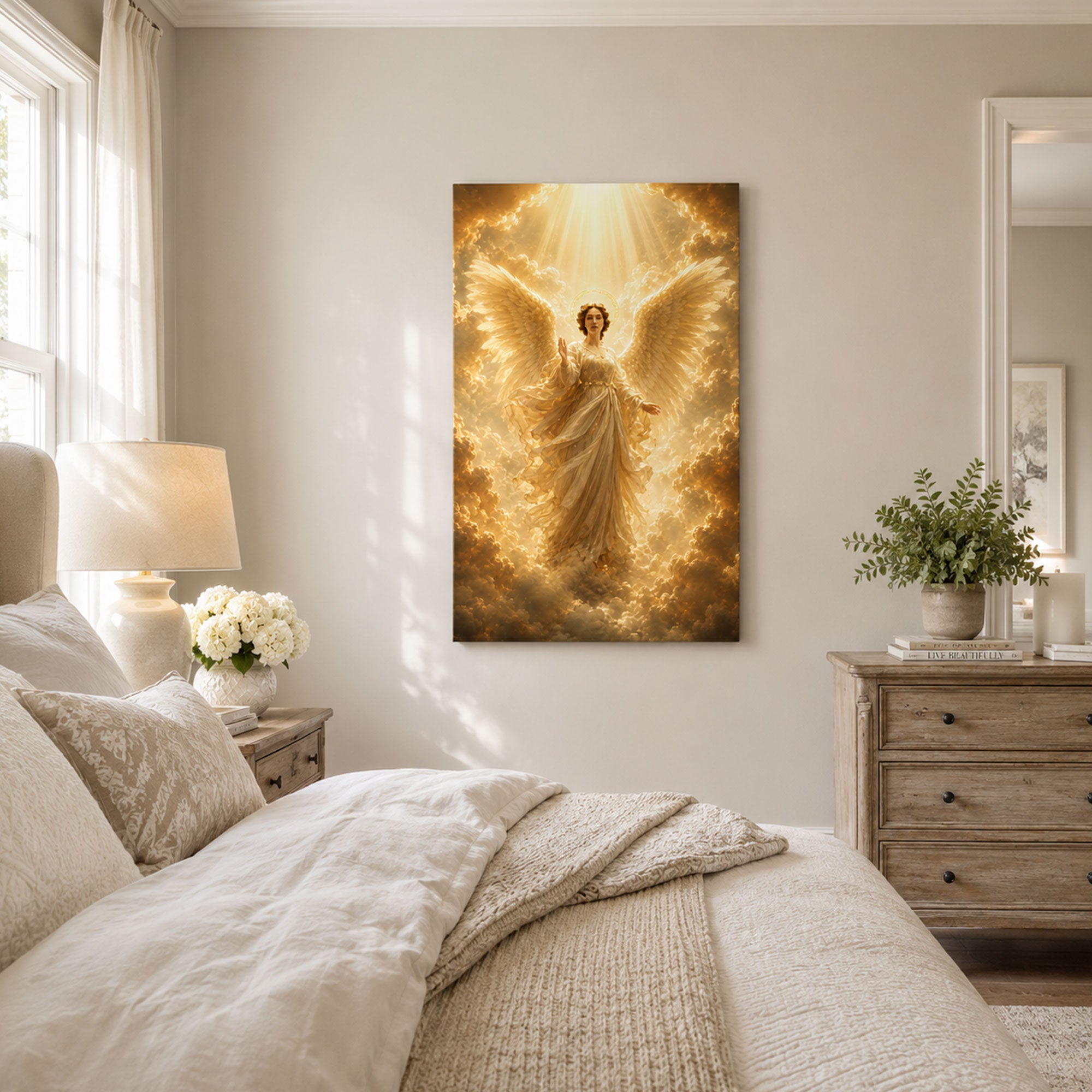 Heavenly Angel Canvas Print, Golden Light Christian Wall Art, Celestial Faith Home Decor Gift