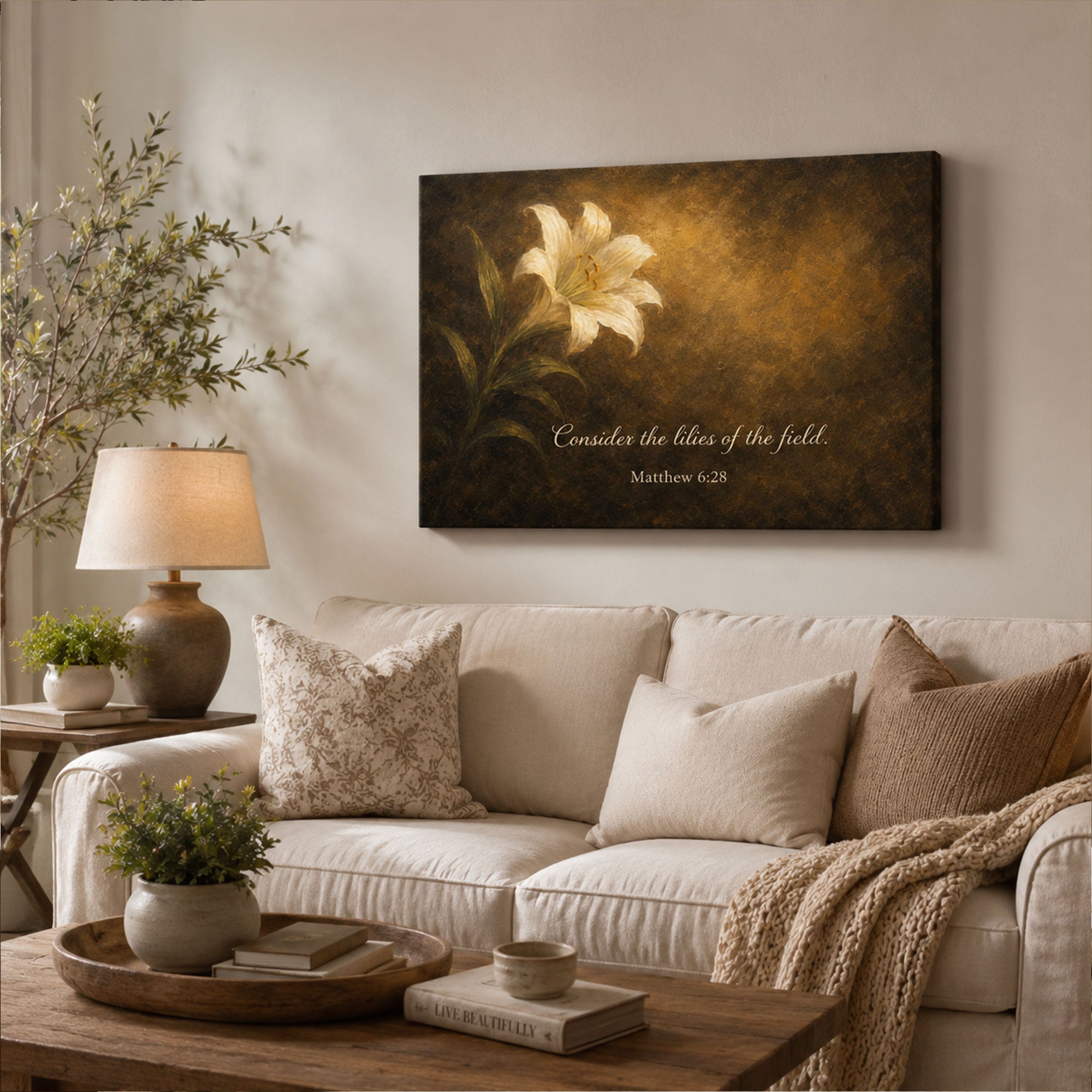 Consider the Lilies Canvas Print, Matthew 6:28 Bible Verse Wall Art, Christian Floral Home Decor Gift