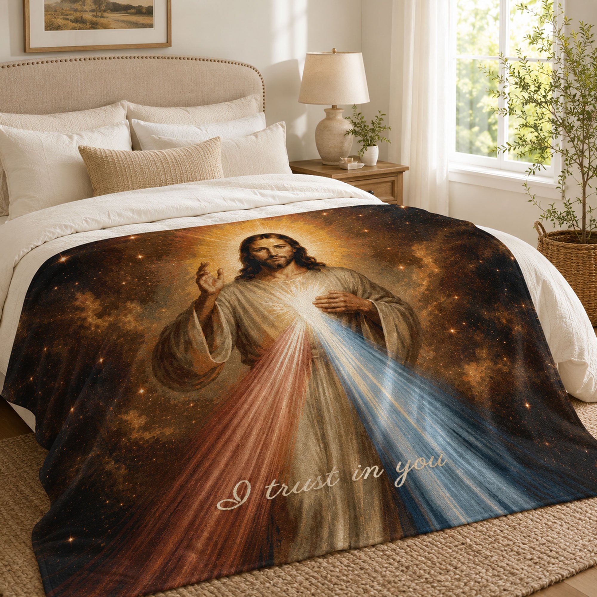 Divine Mercy Jesus Fleece Blanket, I Trust in You Catholic Throw, Christian Faith Gift
