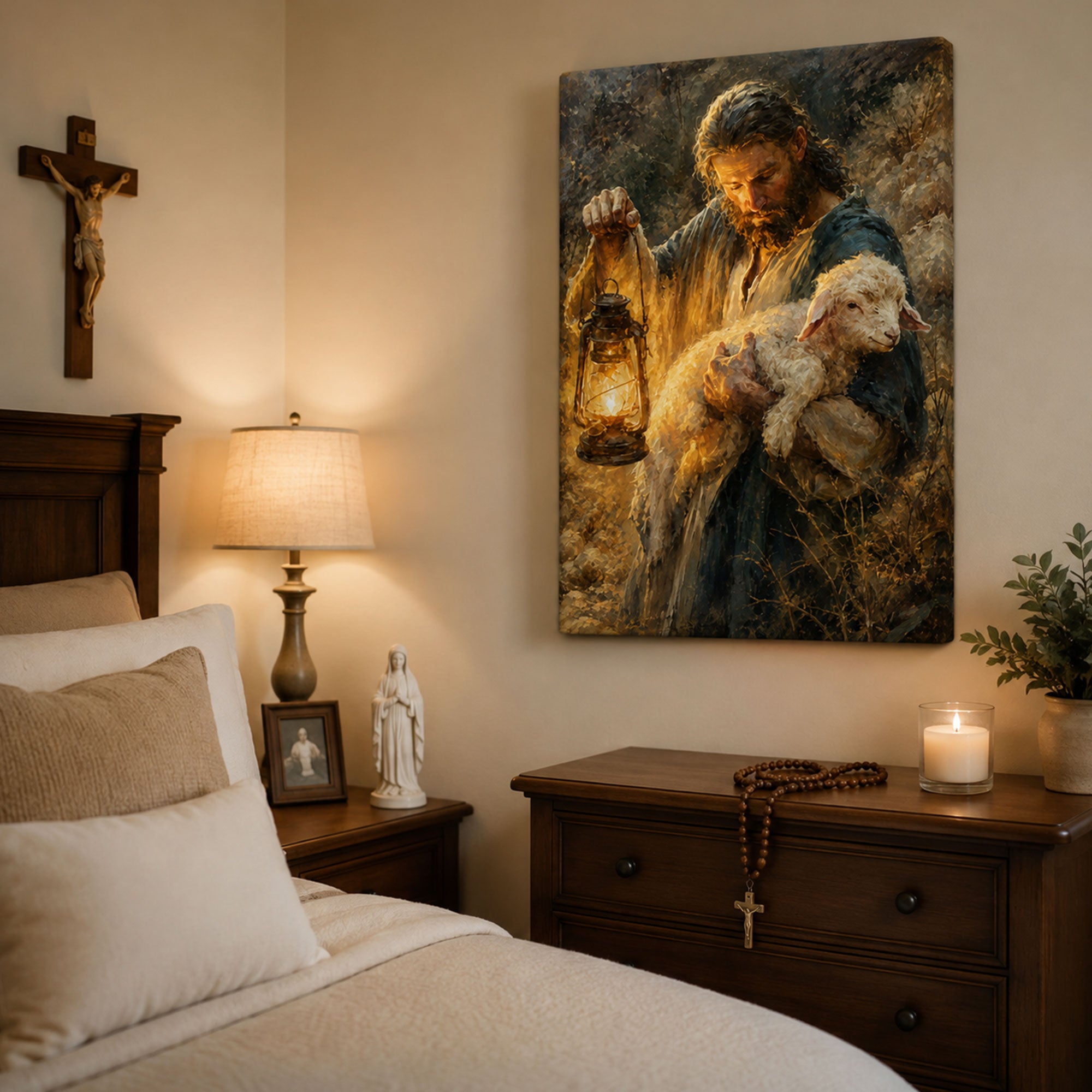 Jesus Searching for the Lost Lamb with Lantern Canvas Print, Christian Home Decor