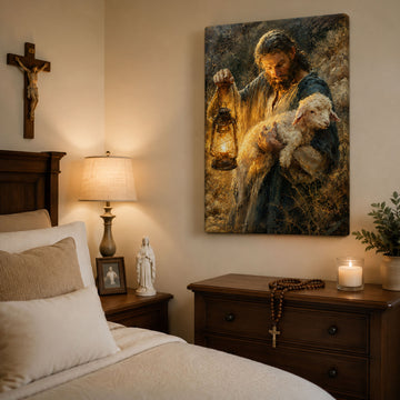 Jesus Searching for the Lost Lamb with Lantern Canvas Print, Christian Home Decor