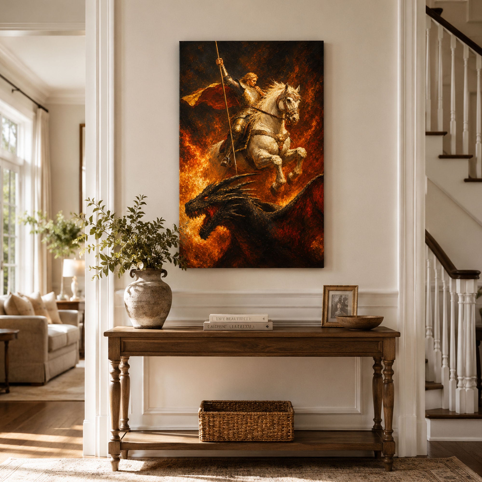 Saint George Firestorm Canvas Print, Fiery Catholic Warrior Art