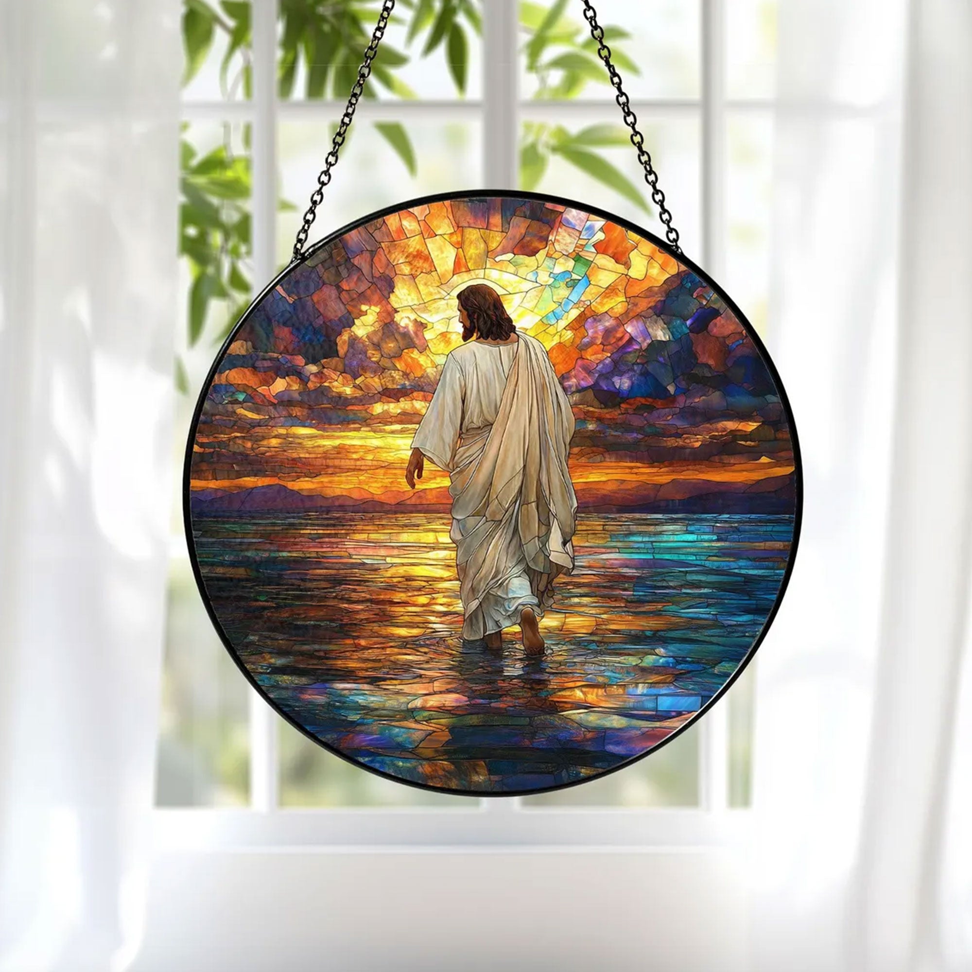 Jesus Christ Stained Glass Suncatcher, Christian Window Hanging Decor, Religious Faith Gift, Spiritual Home Ornament