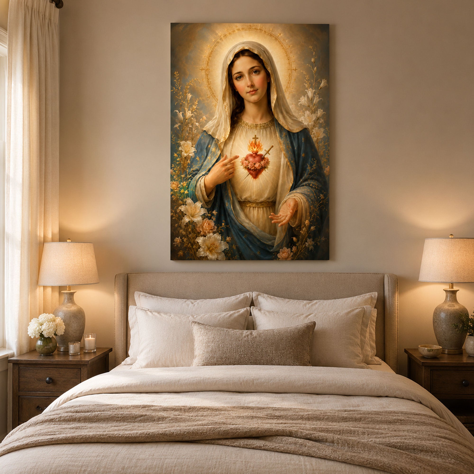 Immaculate Heart of Mary Canvas Print Catholic Wall Art Virgin Mary Floral Religious Faith Decor