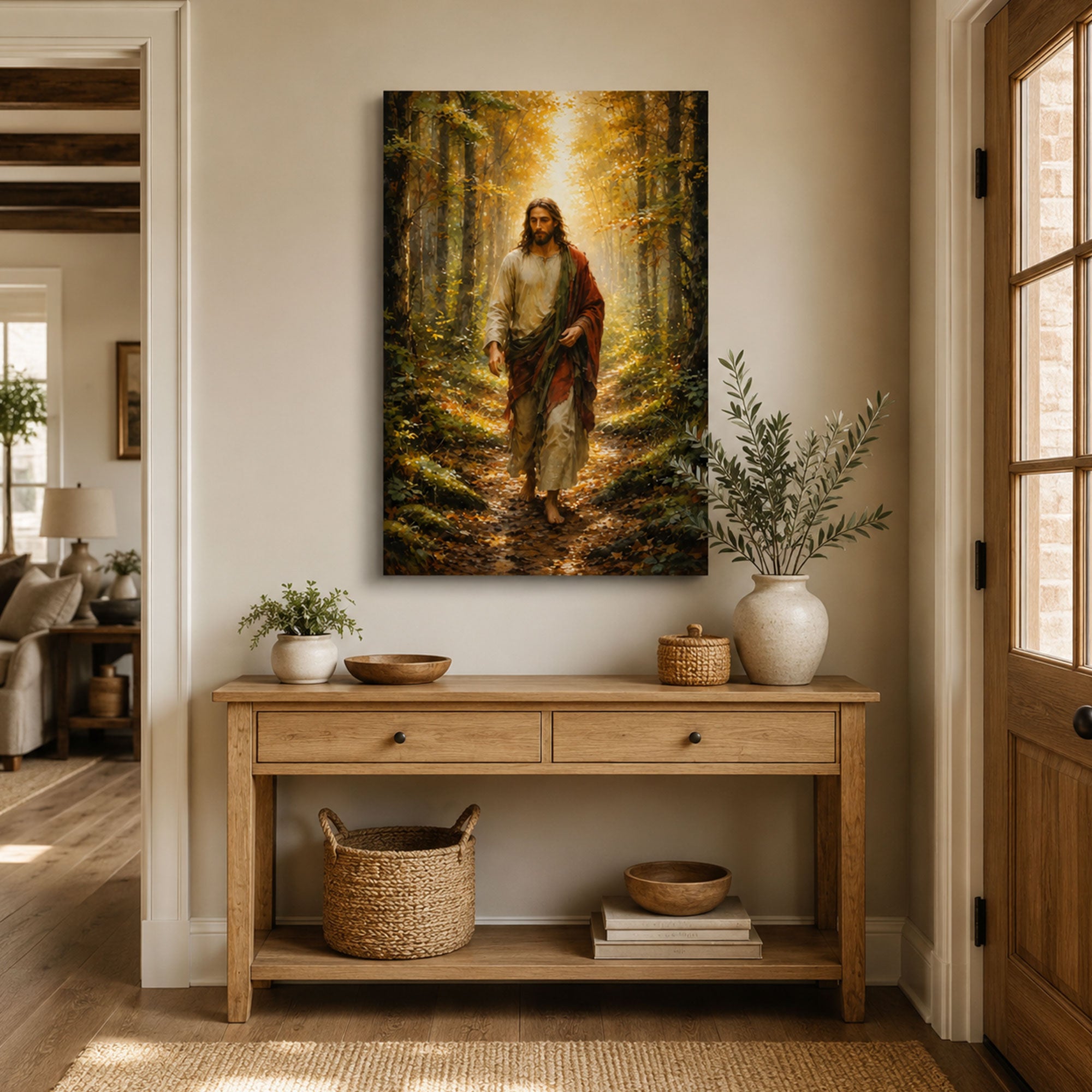 Jesus Walking the Autumn Path Canvas Print, Golden Forest Christian Decor