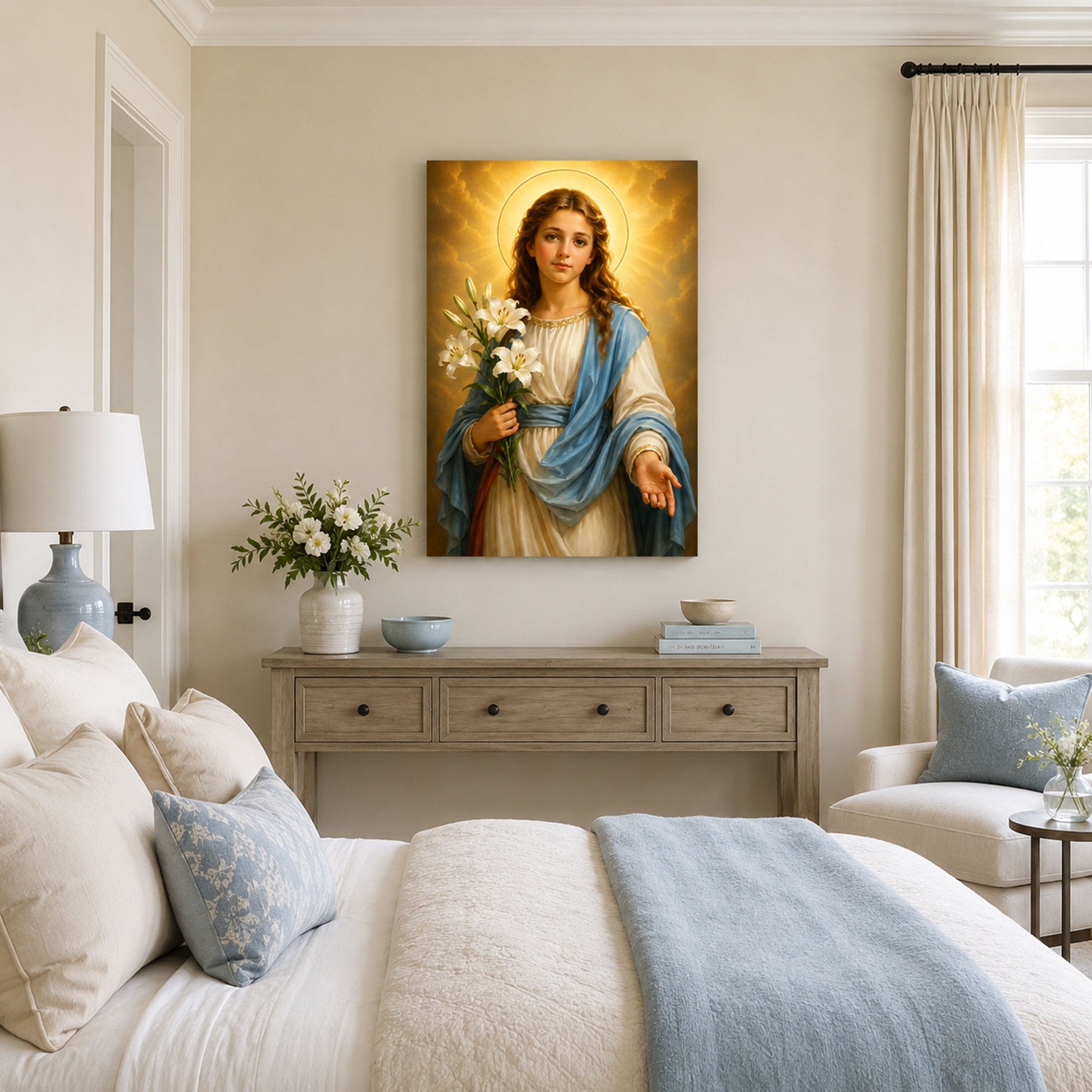 Saint Maria Goretti Canvas Print, Catholic Young Saint Wall Art, Lily Flower Faith Home Decor Gift
