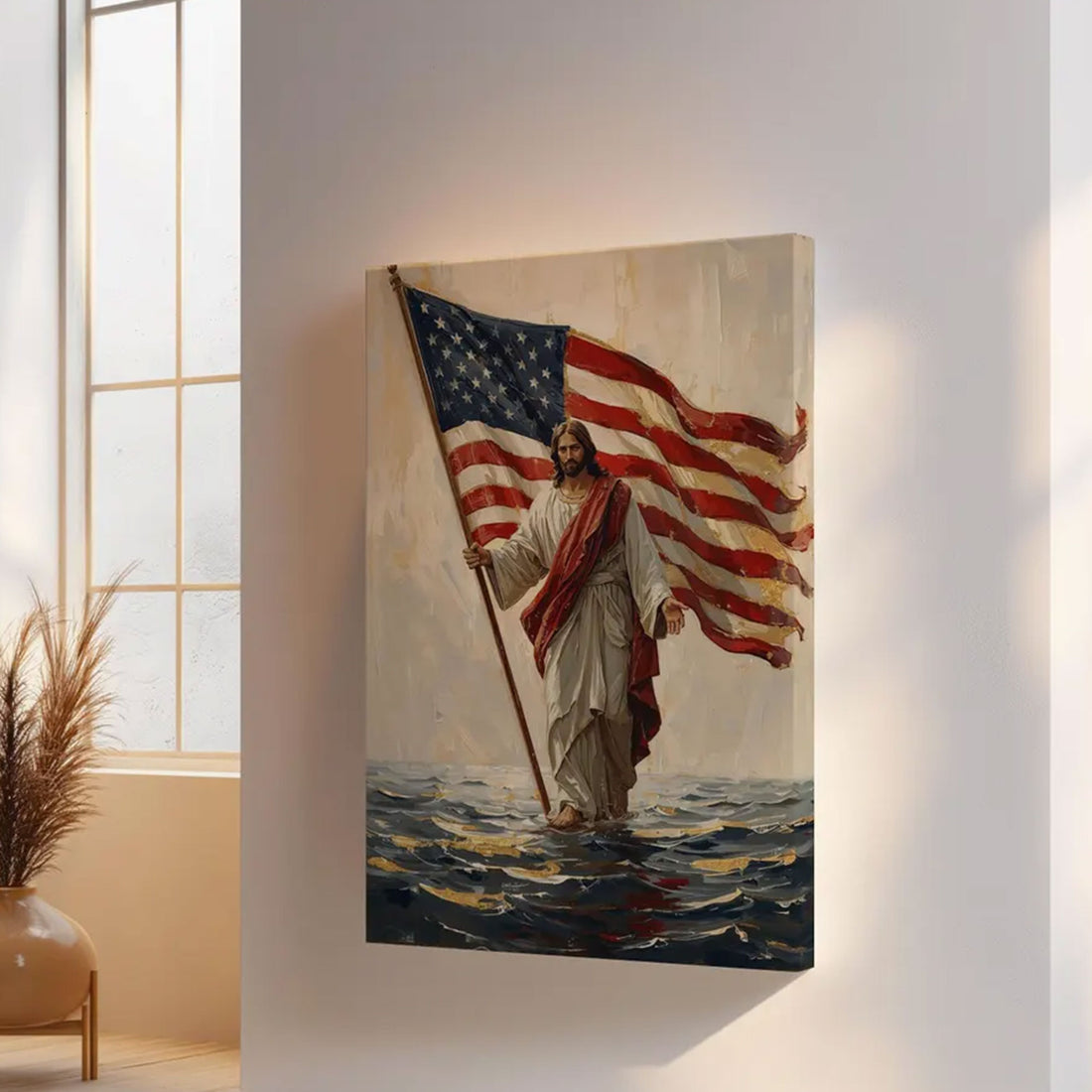 America 250 Patriotic Jesus Canvas Print, 1776–2026 Christian Wall Art, USA Faith Anniversary Decor
