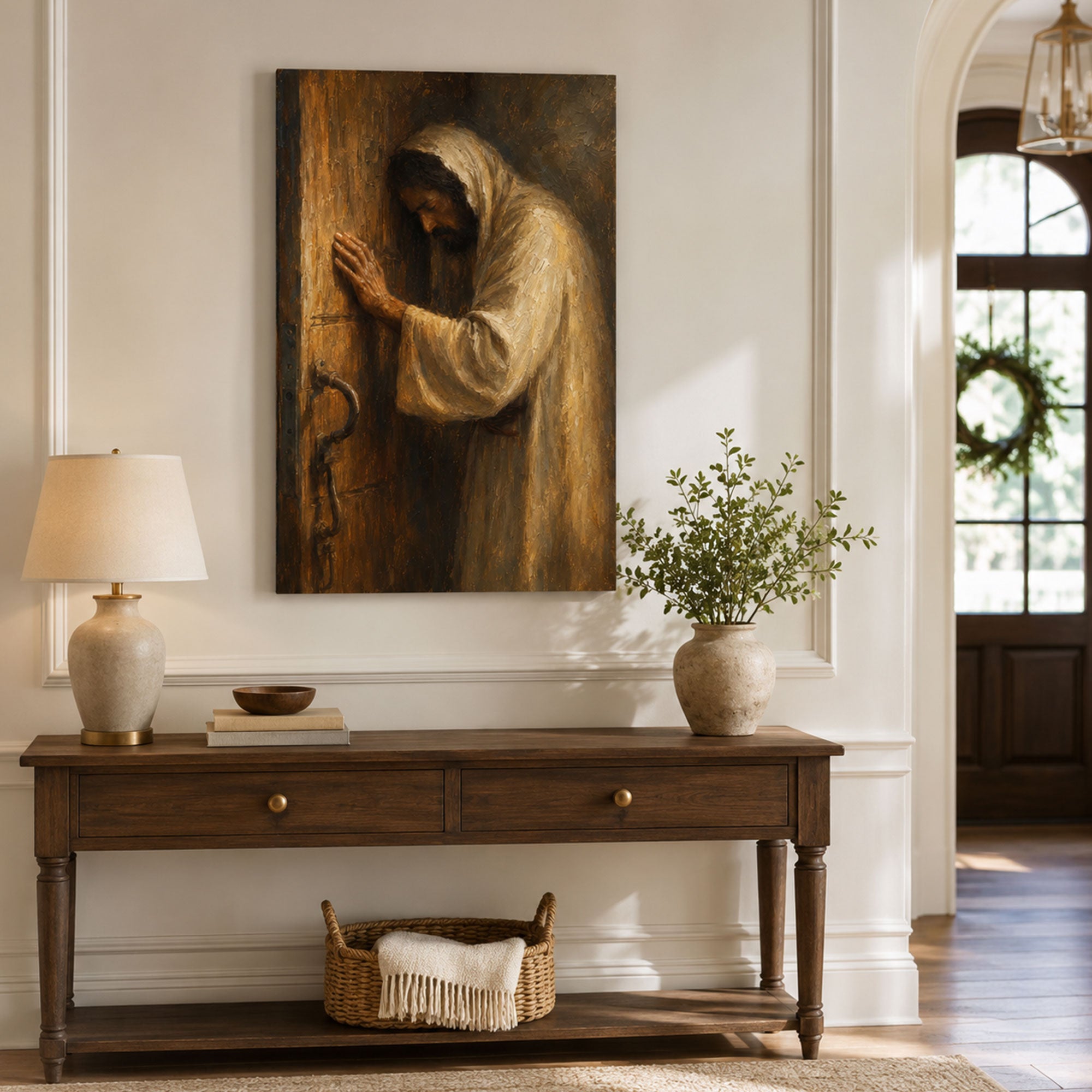 Revelation 3:20 Behold I Stand at the Door Canvas Print, Christian Home Decor