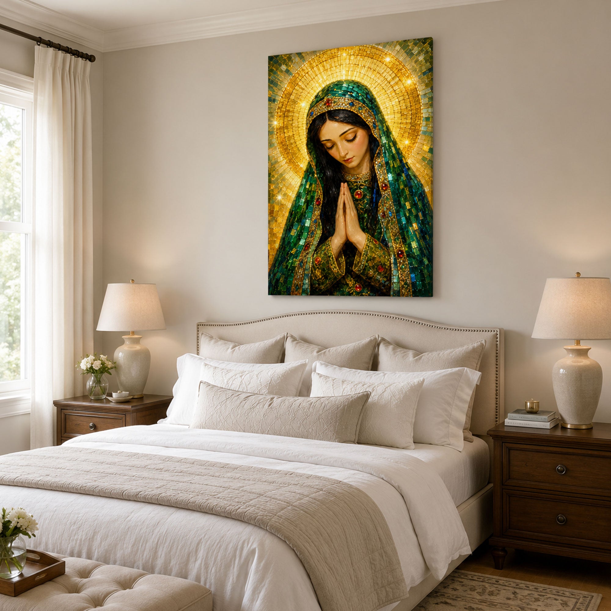 Our Lady of Emerald Grace Canvas Print, Mosaic Catholic Decor