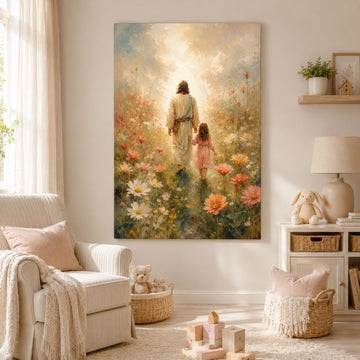 Jesus Walking with Little Girl Canvas Print, Christian Wall Art, Wildflower Faith Home Decor