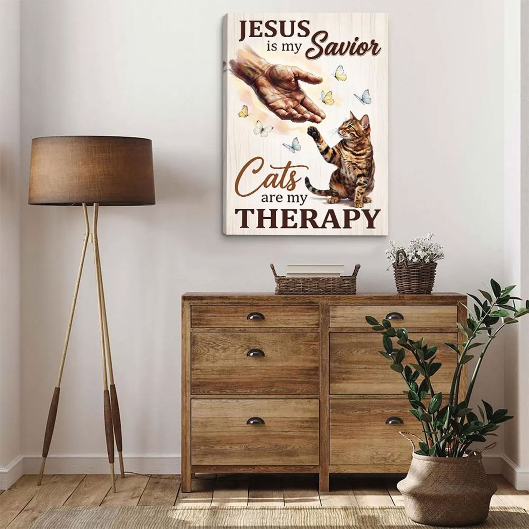 Jesus Is My Savior Cats Are My Therapy Canvas, Christian Cat Lover Gift, Home Decor