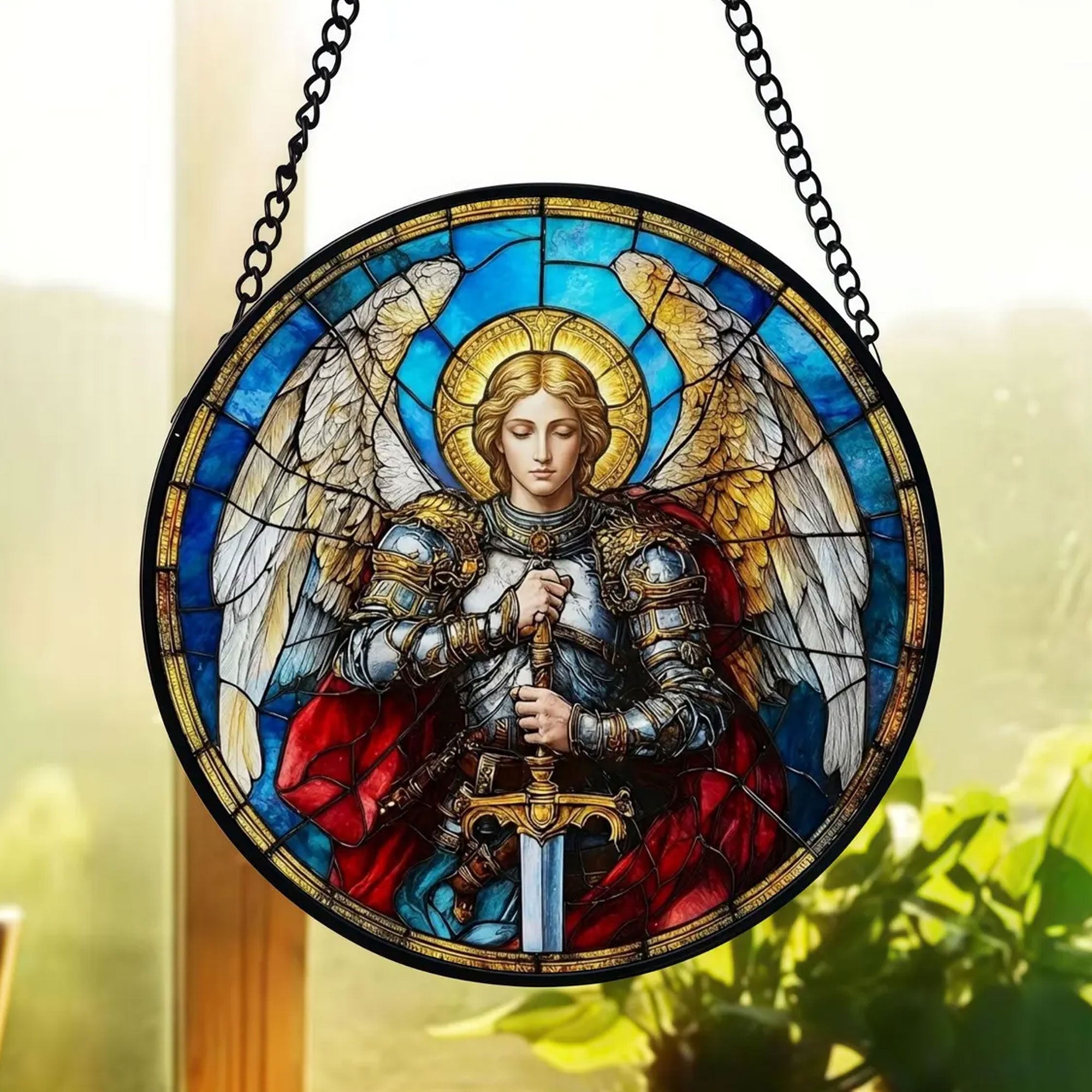 Archangel Michael Stained Glass Suncatcher, Guardian Angel Window Hanging Gift
