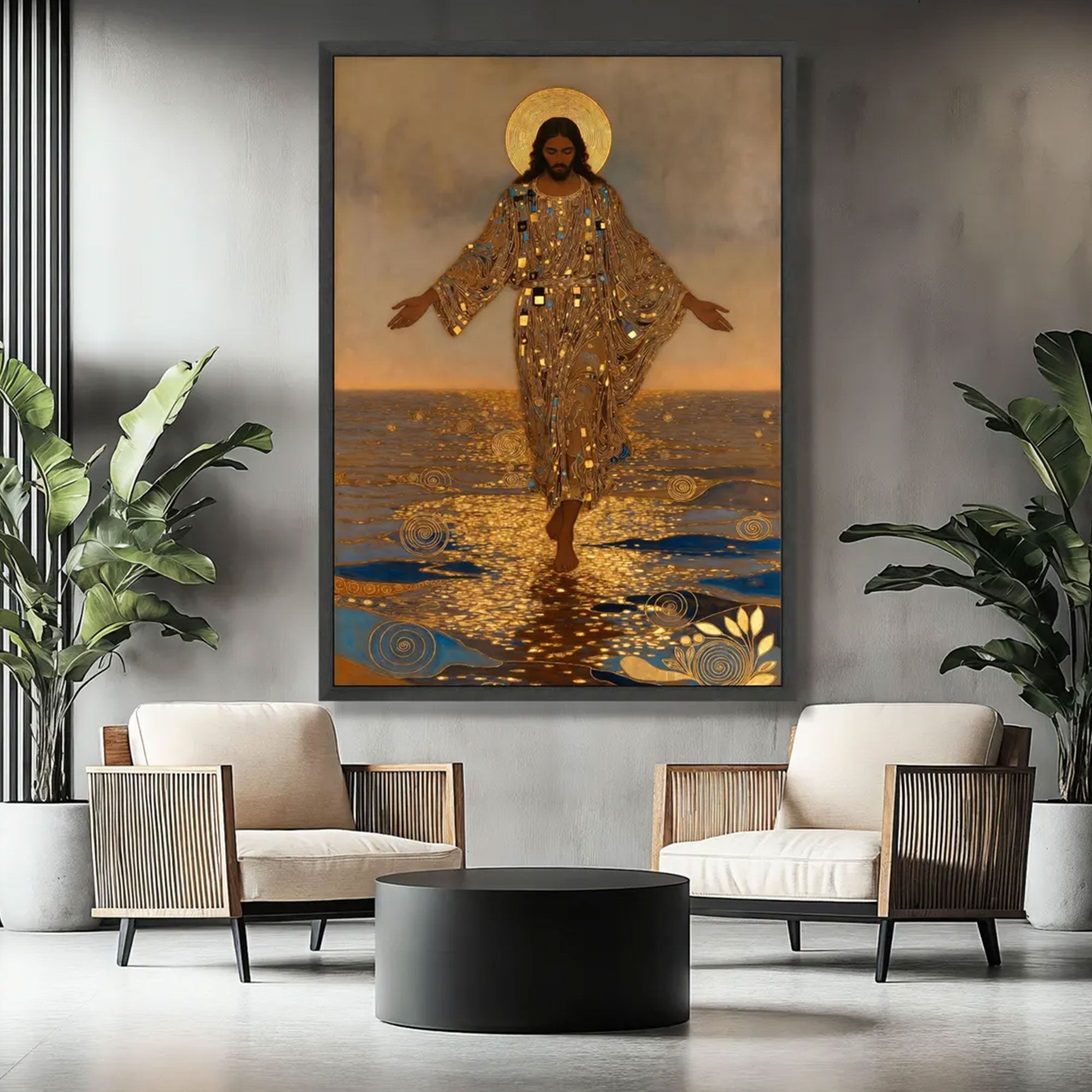 Gustav Klimt Style Jesus Walking on Water Canvas Print, Golden Halo Christian Wall Art, Religious Spiritual Decor