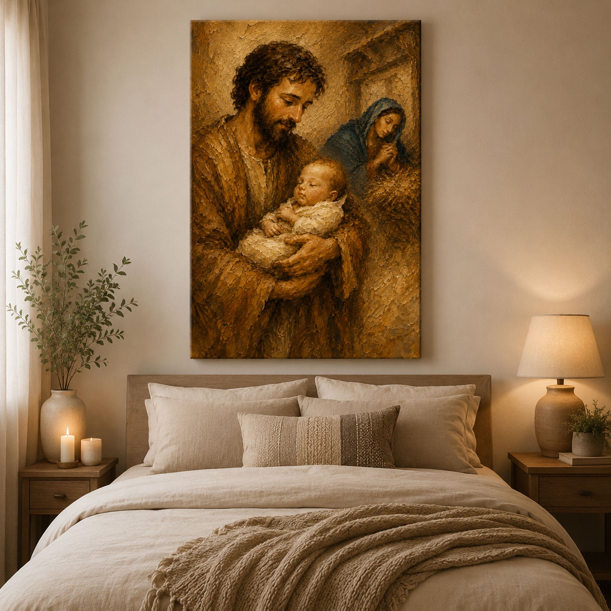 St. Joseph Holding Sleeping Baby Jesus Canvas Print, Holy Family Catholic Wall Art, Christian Family Home Decor