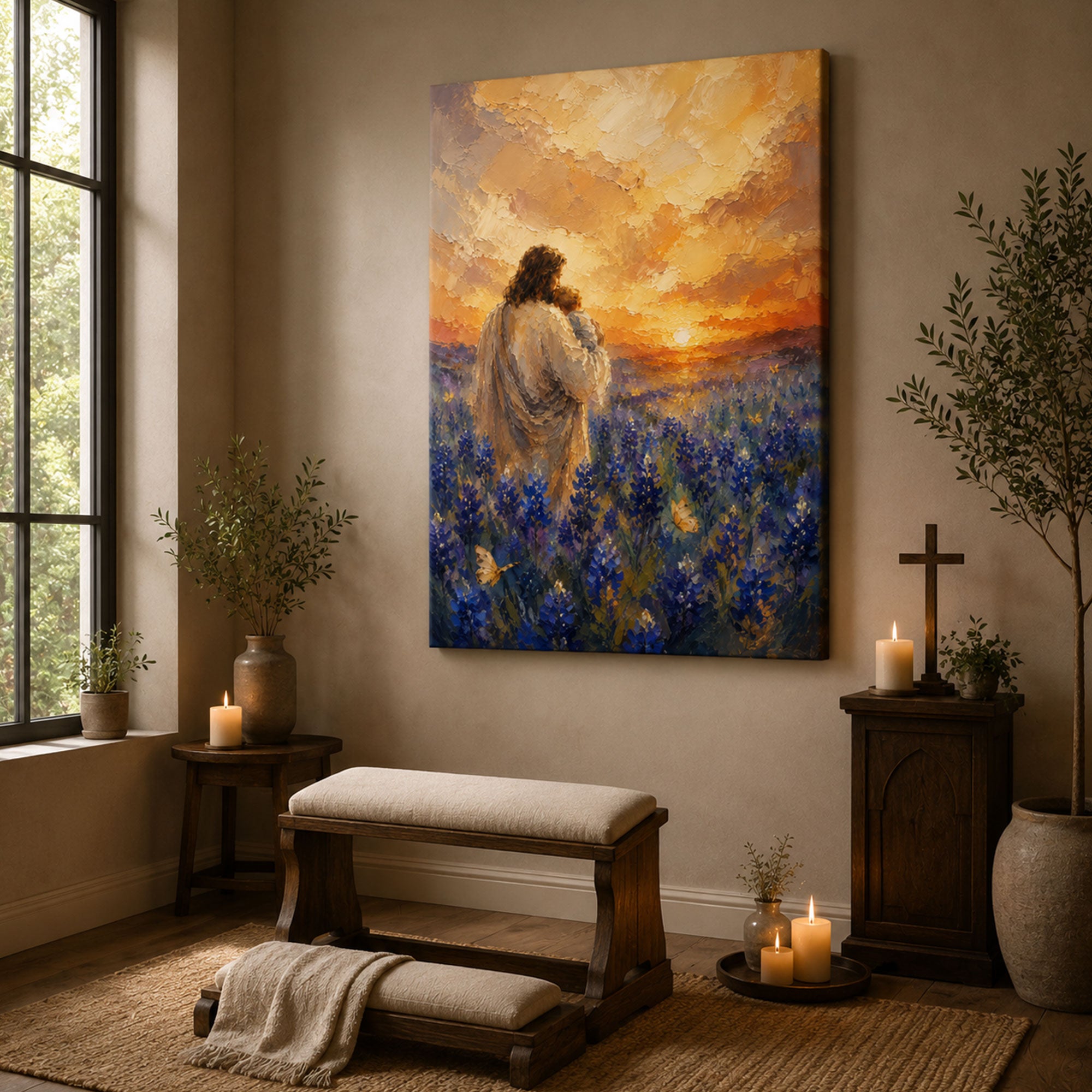 Jesus Holding Child Canvas Print, Peaceful Christian Wall Art, Wildflower Meadow Faith Home Decor