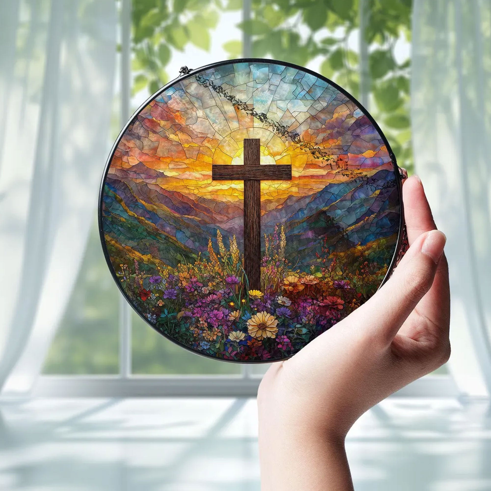 Stained Glass Cross with Wildflowers Suncatcher, Christian Window Hanging Decor, Floral Faith Gift, Religious Home Ornament