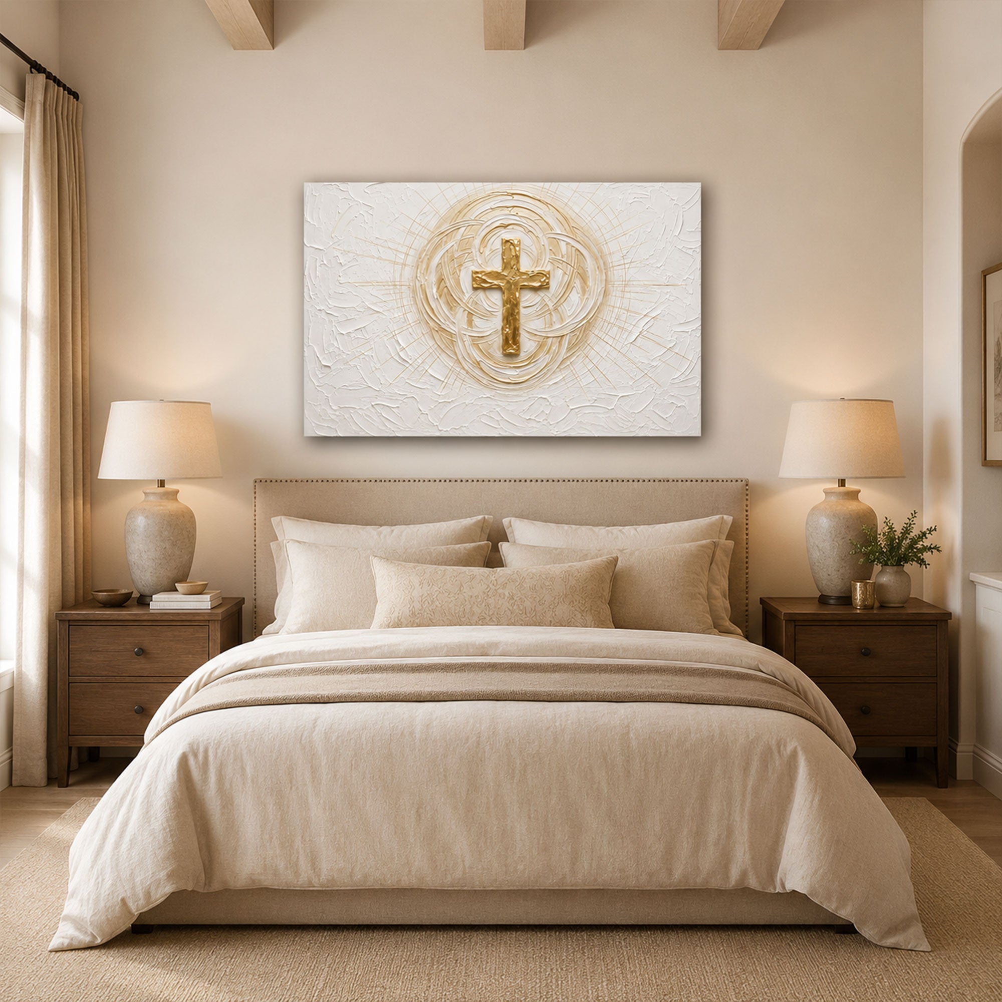 Gold Cross Panoramic Canvas Print, White Minimalist Christian Wall Art, Faith Home Decor Gift