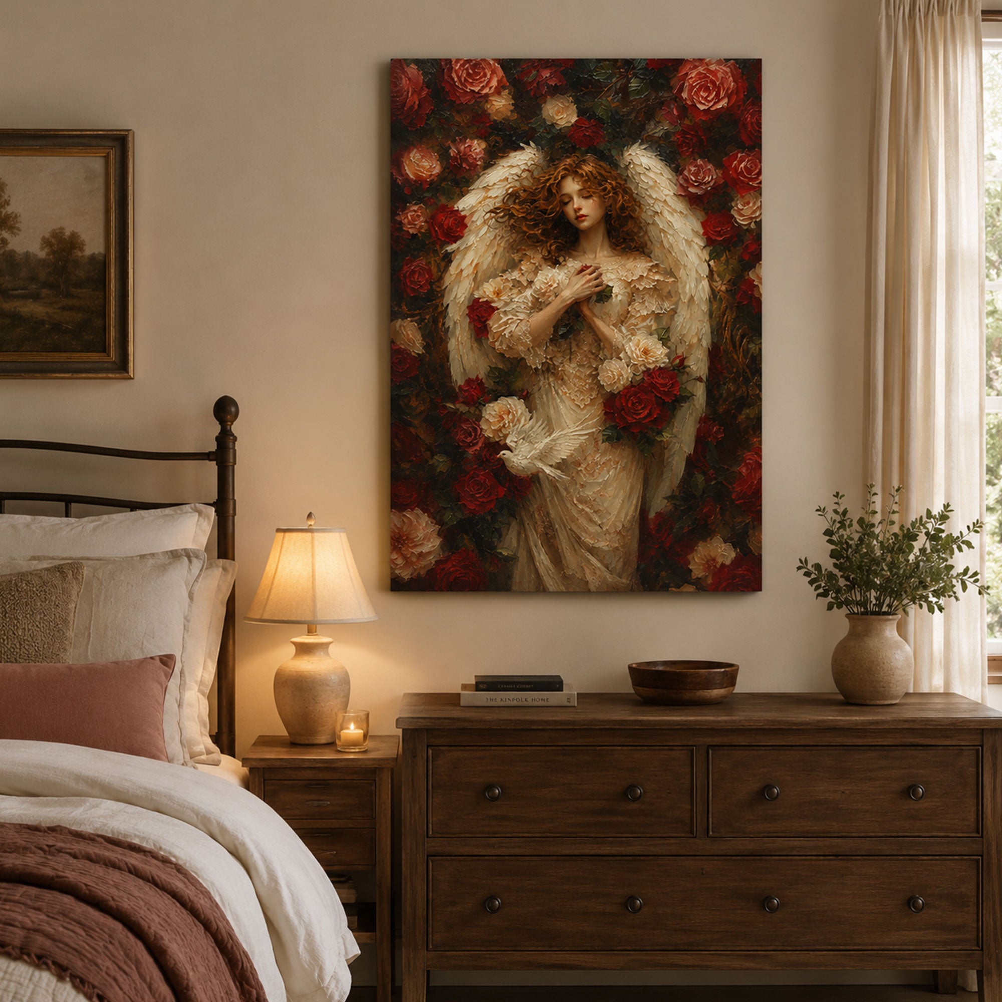 Guardian Angel with Roses Canvas Print, Christian Angel Wall Art, Faith Home Decor