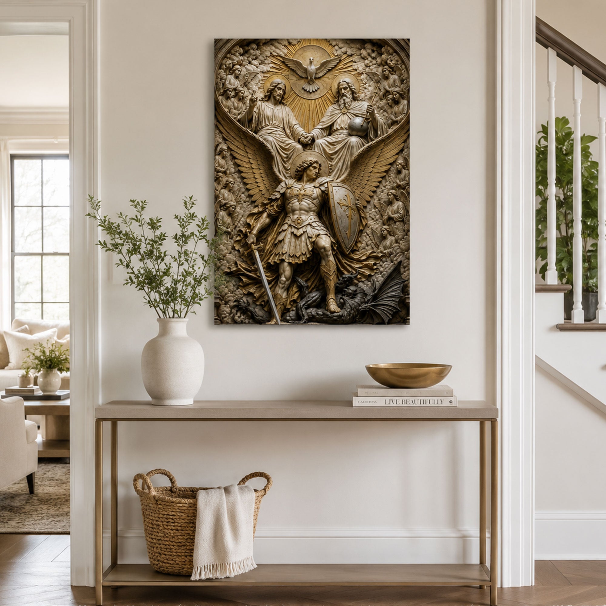 Saint Michael and Holy Trinity Canvas Print, Catholic Protection Wall Decor, Christian Faith Gift