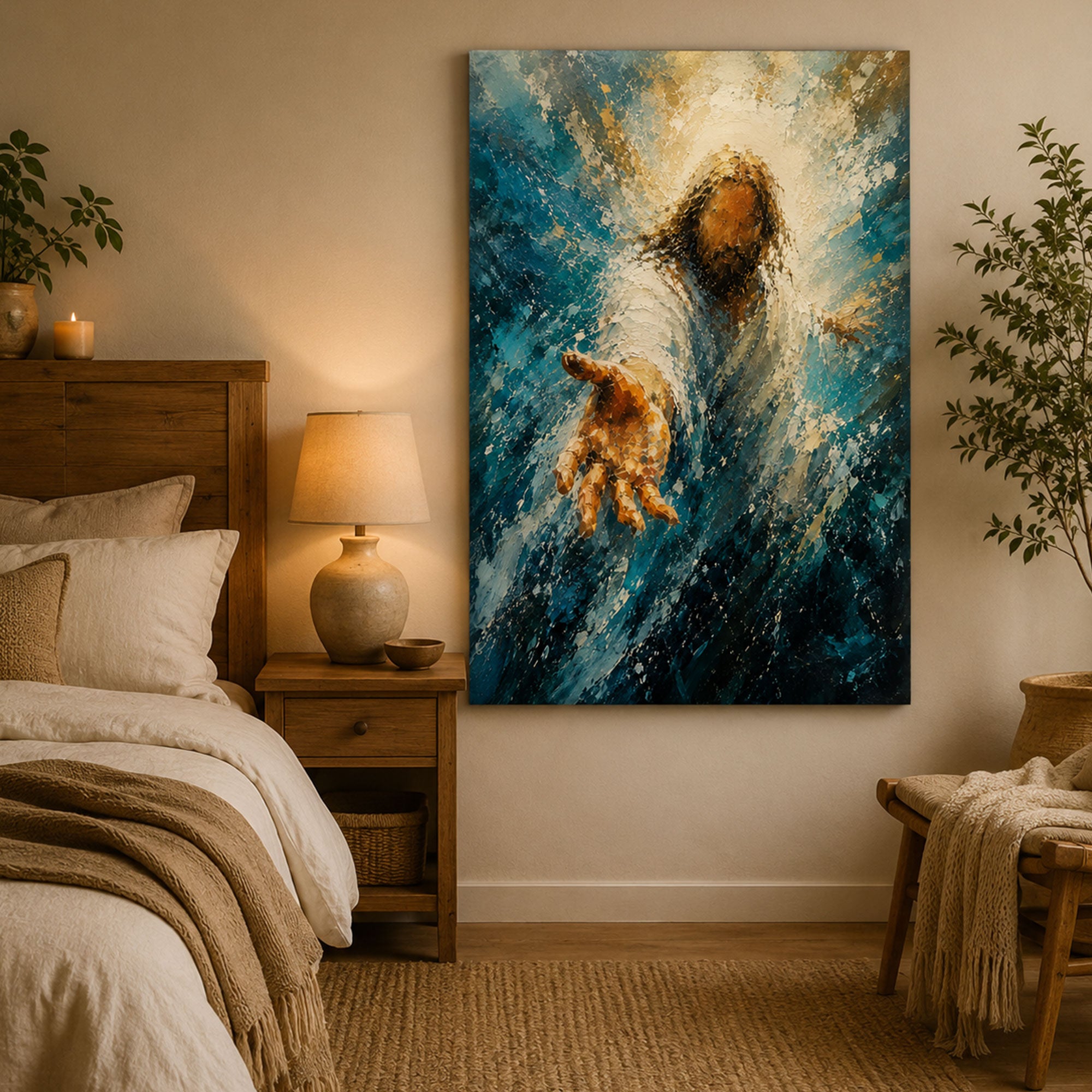 Jesus Reaching Out Canvas Print, Stormy Sea Christian Wall Art, Faith and Hope Home Decor