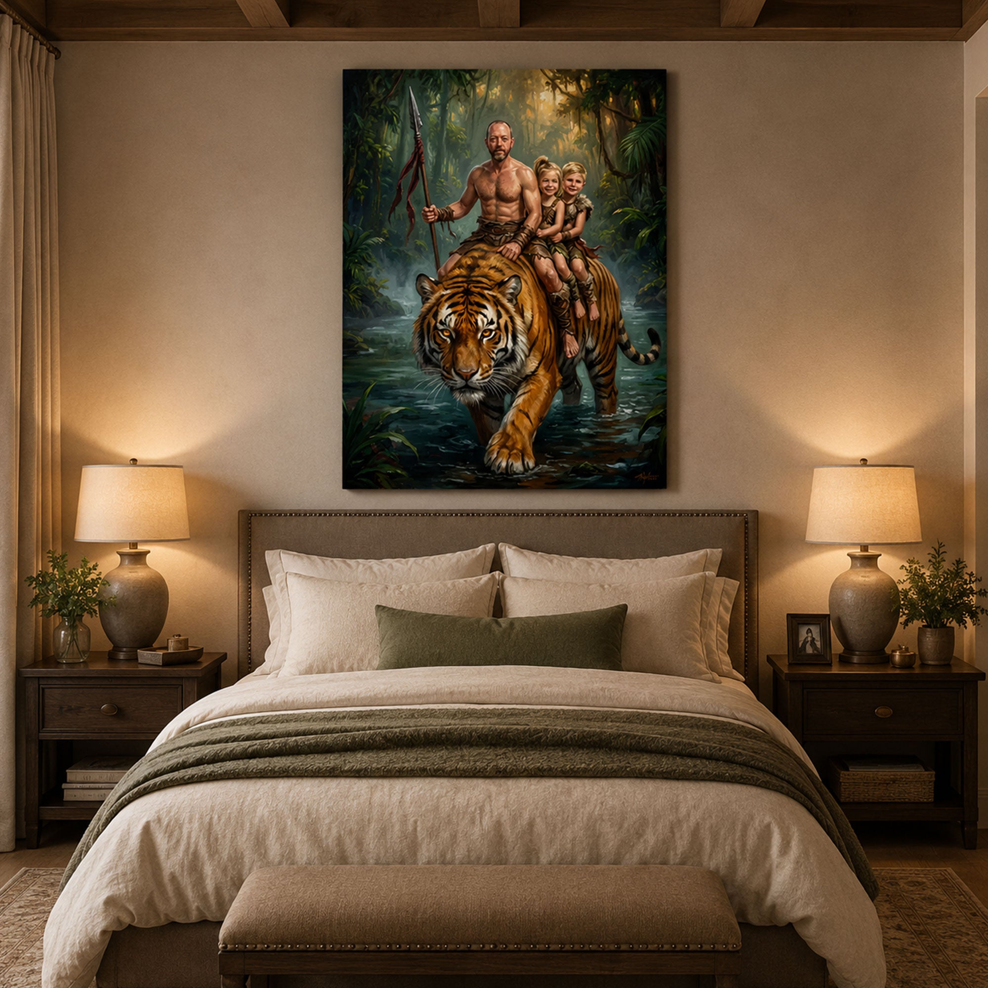 Personalized Beast Master Family Canvas Print, Custom Dad and Kids Tiger Rider Wall Art, Father’s Day Gift
