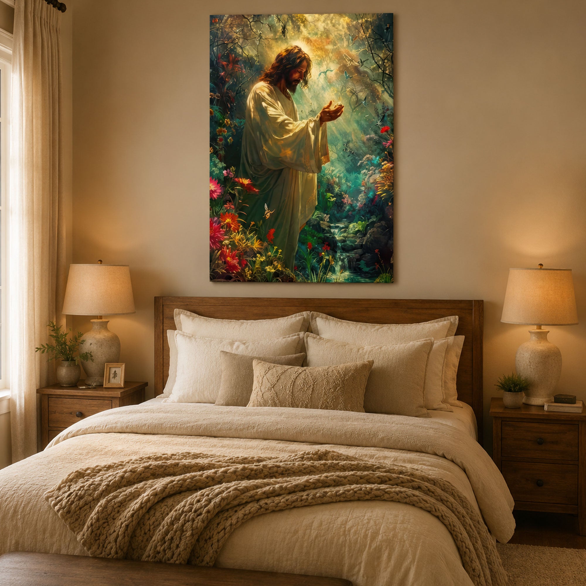 Spiritual Harmony Canvas Wall Art, Jesus Enchanted Garden, Peaceful Christian Faith Home Decor