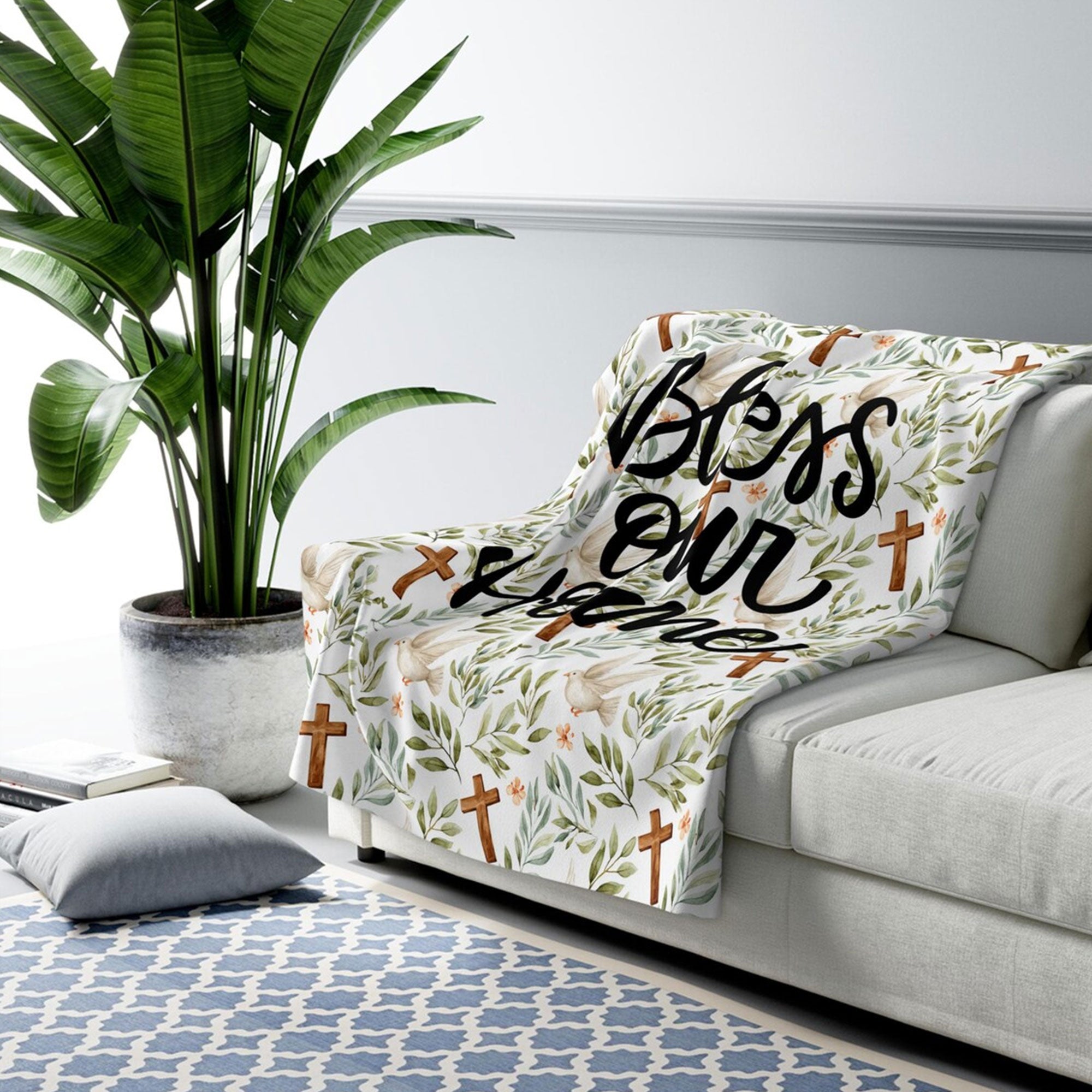Bless Our Home Christian Fleece Blanket, Dove and Cross Religious Throw, Faith Gift, Christian Home Decor