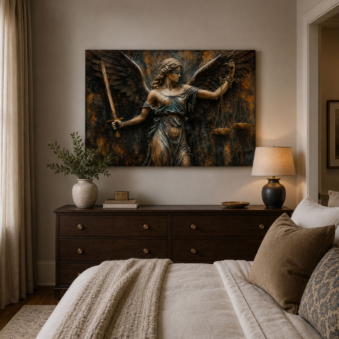 Angel of Justice Panoramic Canvas Print, Winged Angel with Sword and Scales Christian Wall Art, Faith Home Decor Gift