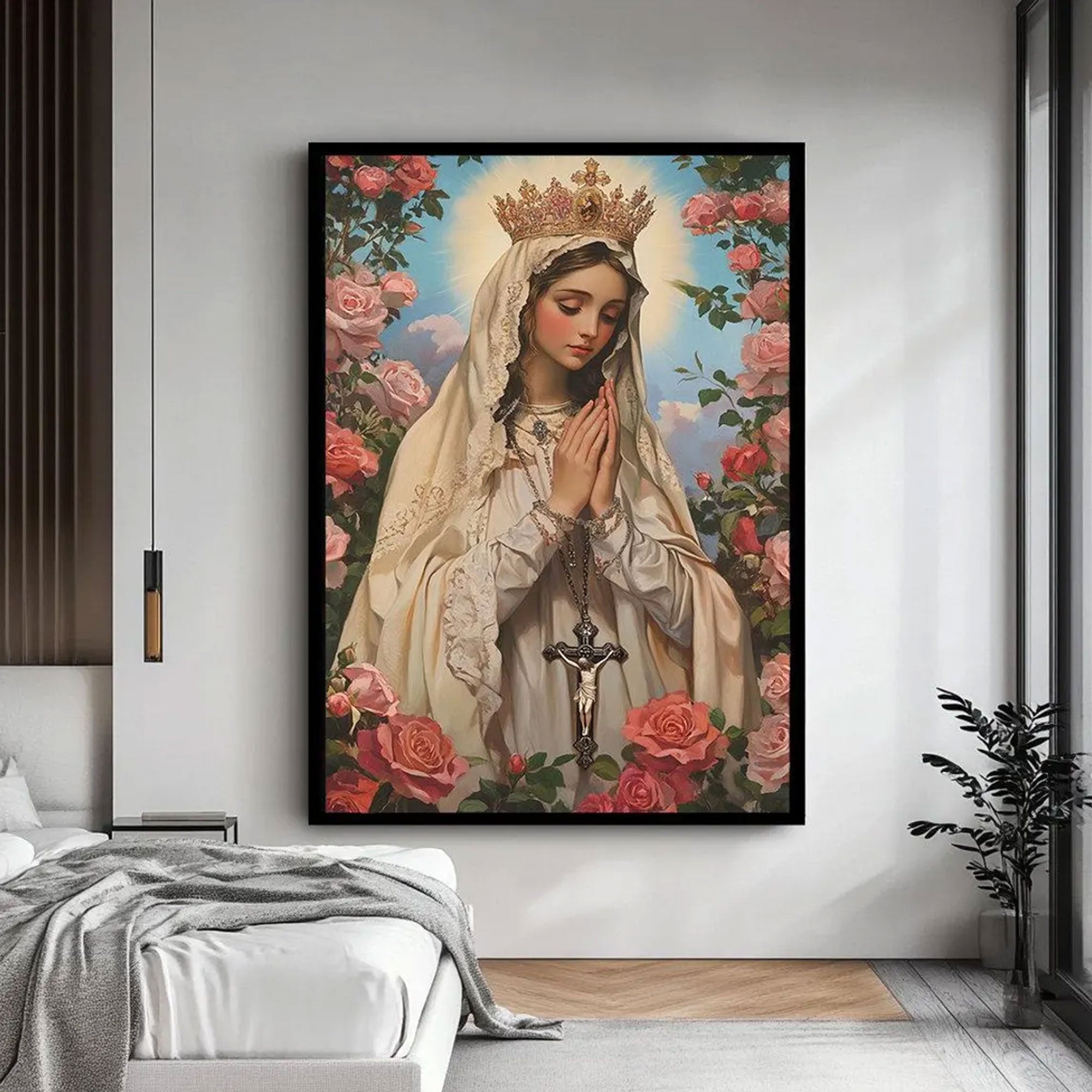 Virgin Mary Canvas Art, Holy Mother of God Wall Art, Sacred Catholic Icon with Roses, Blessed Mother Portrait, Inspirational Faith Gift, Religious Home Decor
