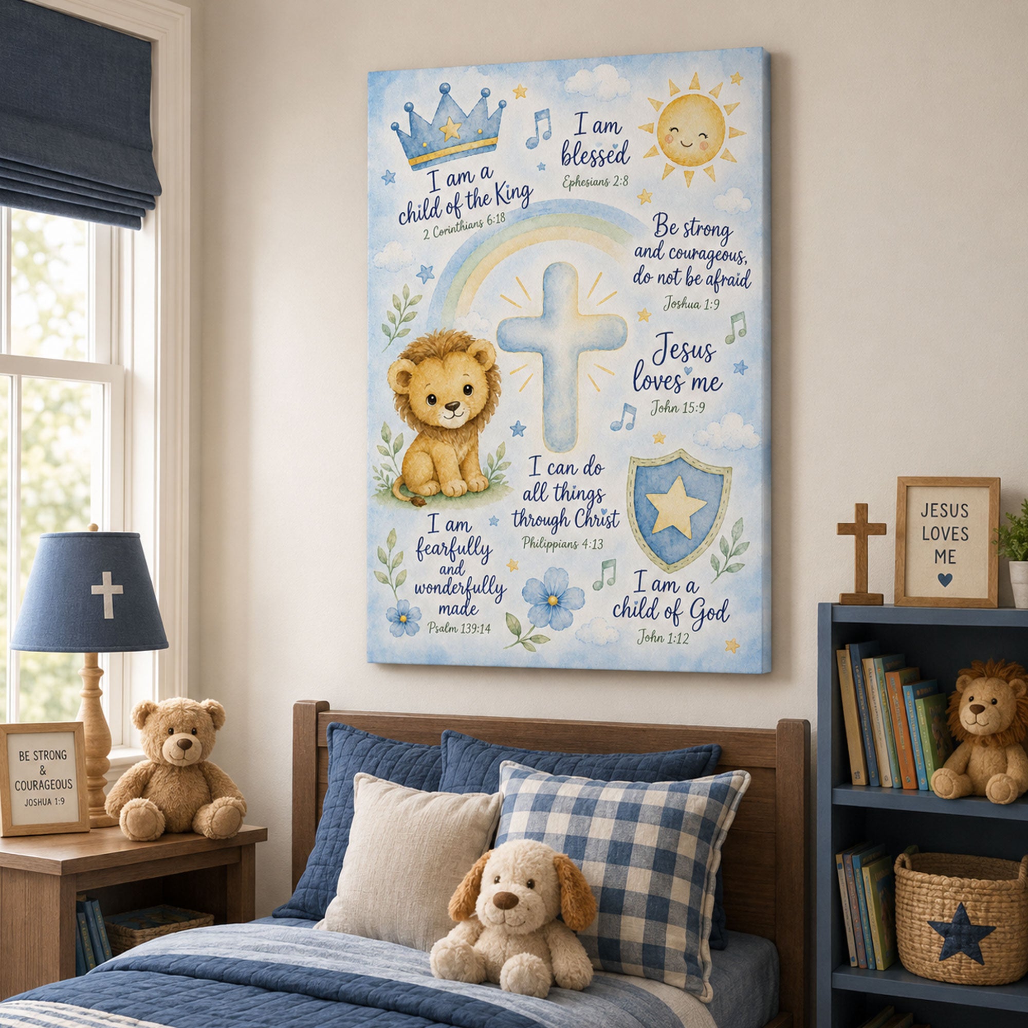 Christian Boy Nursery Wall Art Bible Verse Affirmation Canvas Print Blue Watercolor Lion Cross Jesus Loves Me Decor