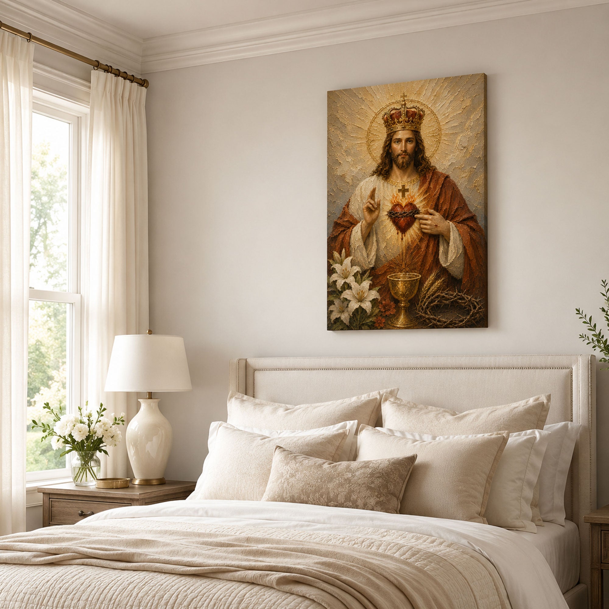 Christ the King Sacred Heart Canvas Print, Catholic Eucharist Wall Art, White and Gold Faith Home Decor Gift