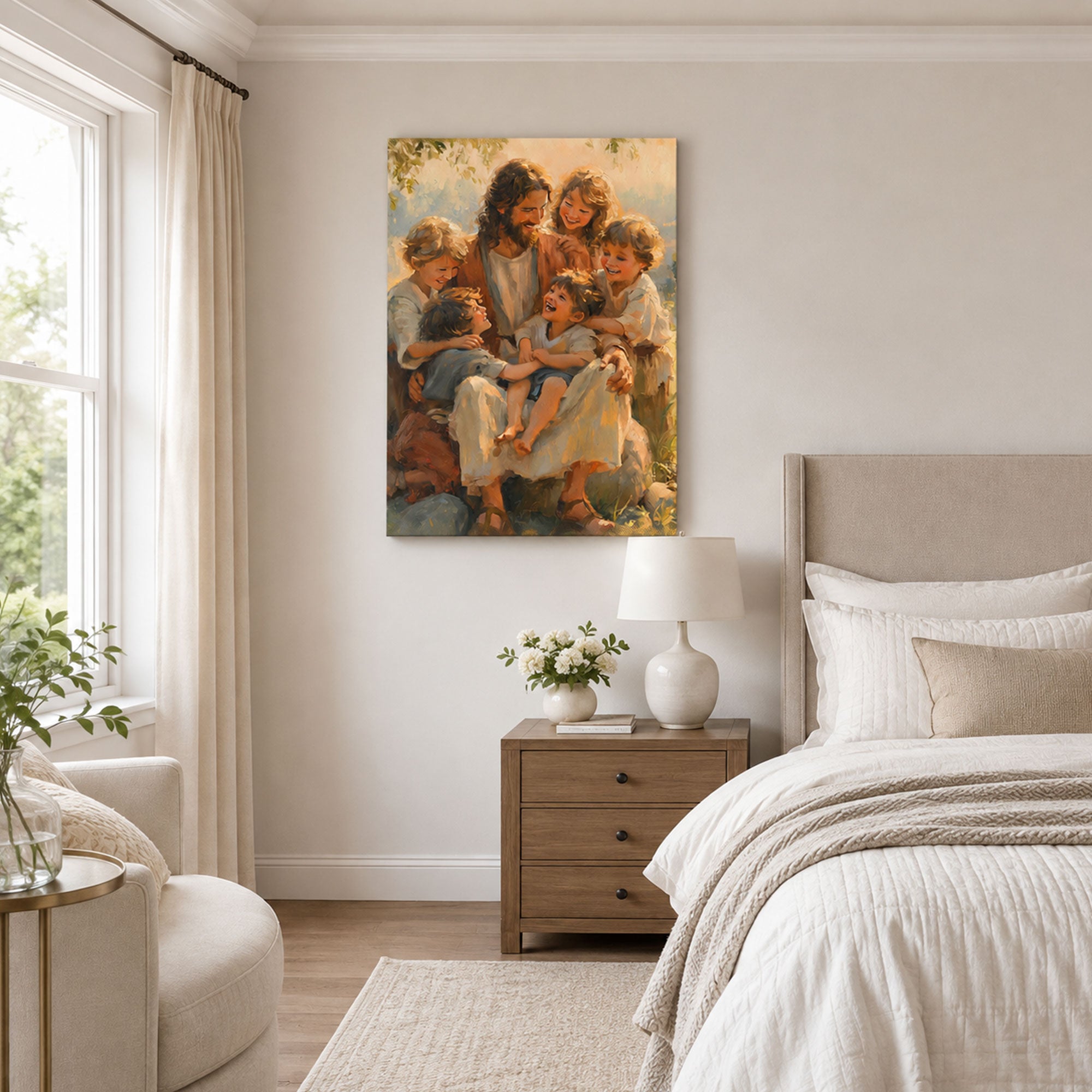 Jesus with Children Canvas Print, Let the Little Children Come to Me Matthew 19:14 Christian Wall Decor