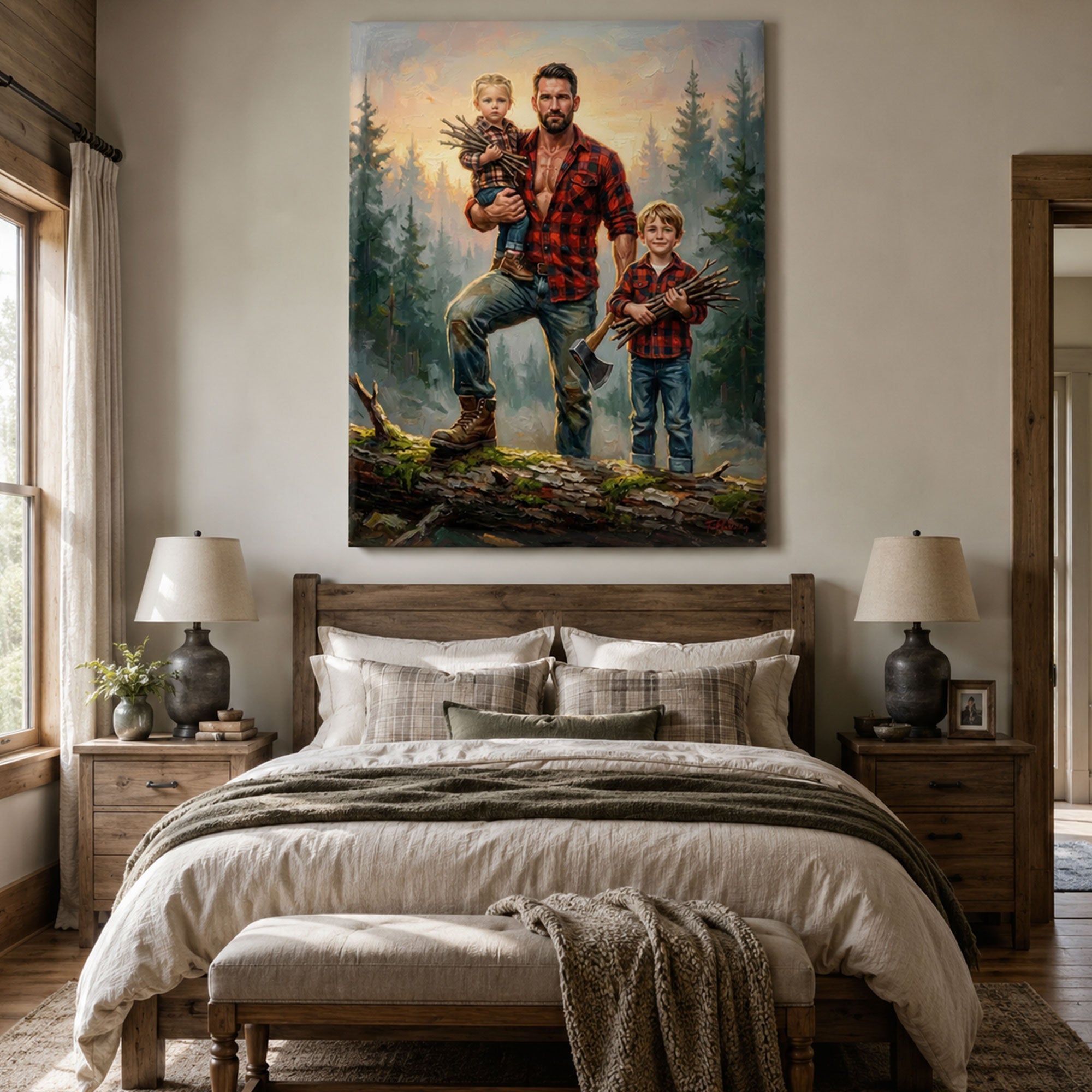 Custom Face Lumberjack Dad Canvas Print, Personalized Father and Kids Portrait, Father’s Day Gift