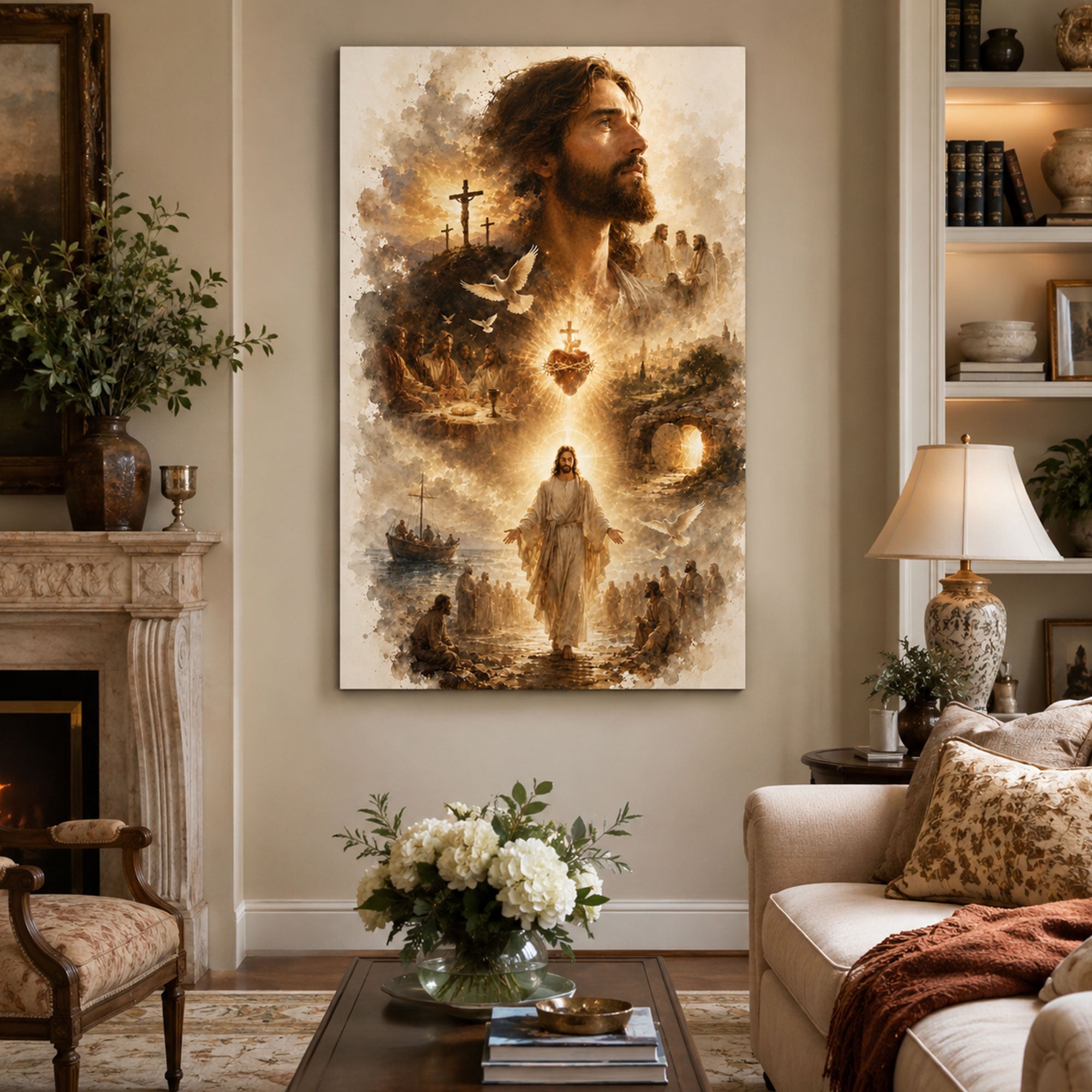 Life of Jesus Sacred Heart Canvas Print, Biblical Scenes Christian Wall Art, Catholic Religious Home Decor Gift