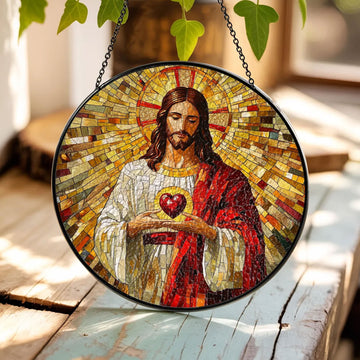 Sacred Heart of Jesus Stained Glass Suncatcher, Christian Window Hanging Decor, Catholic Religious Faith Gift