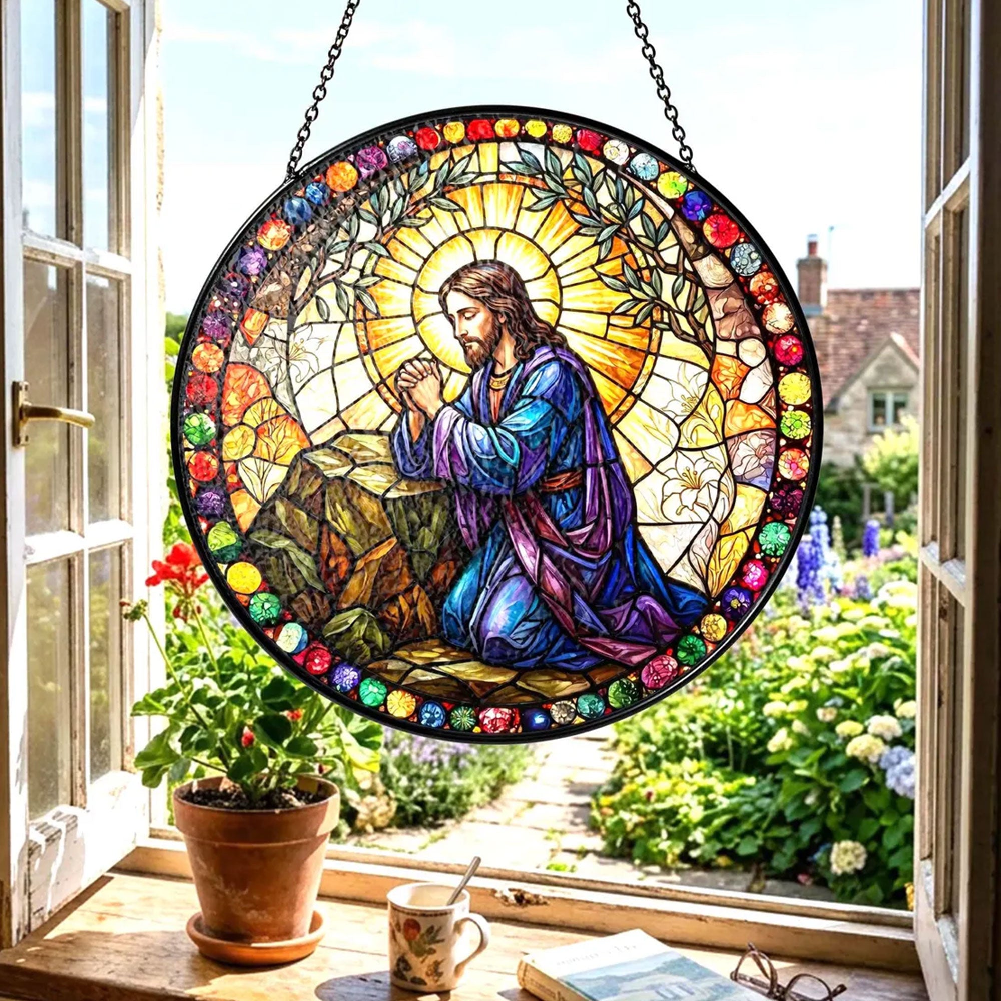 Divine Mercy Jesus Stained Glass Suncatcher, Catholic Window Hanging Decor, Sacred Heart Christian Faith Gift