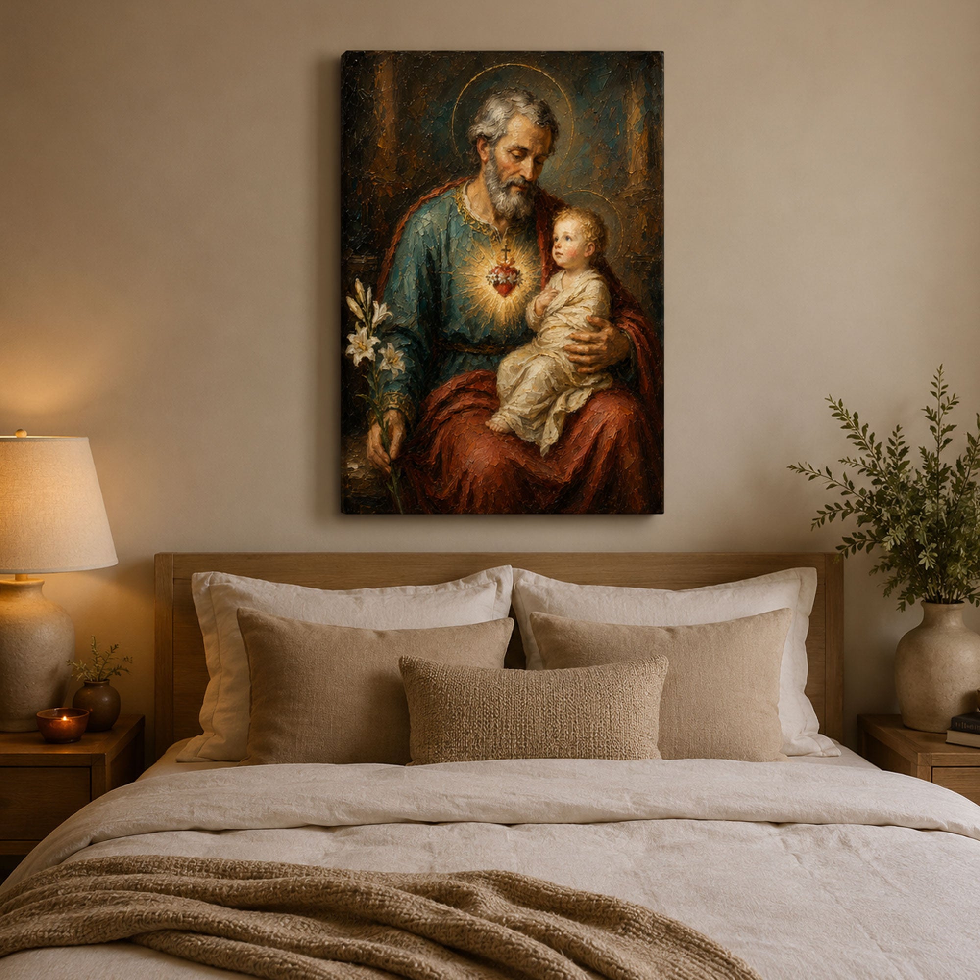 St. Joseph and Child Jesus Canvas Print, Sacred Heart Catholic Wall Art, Patron of Families Home Decor