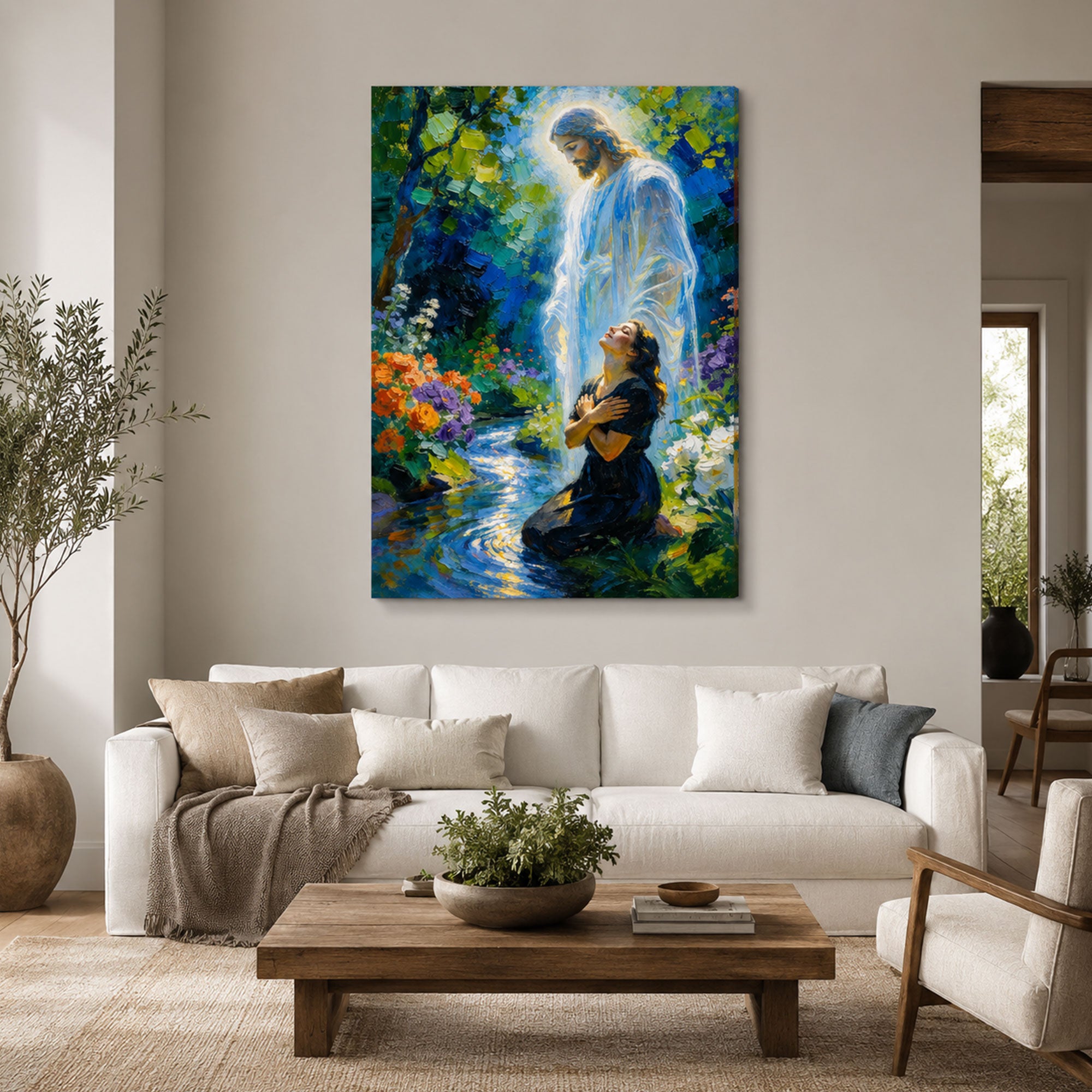Vision of Christ Jesus Canvas Print, Ethereal Garden Oil Painting, Spiritual Christian Wall Art for Healing and Peace