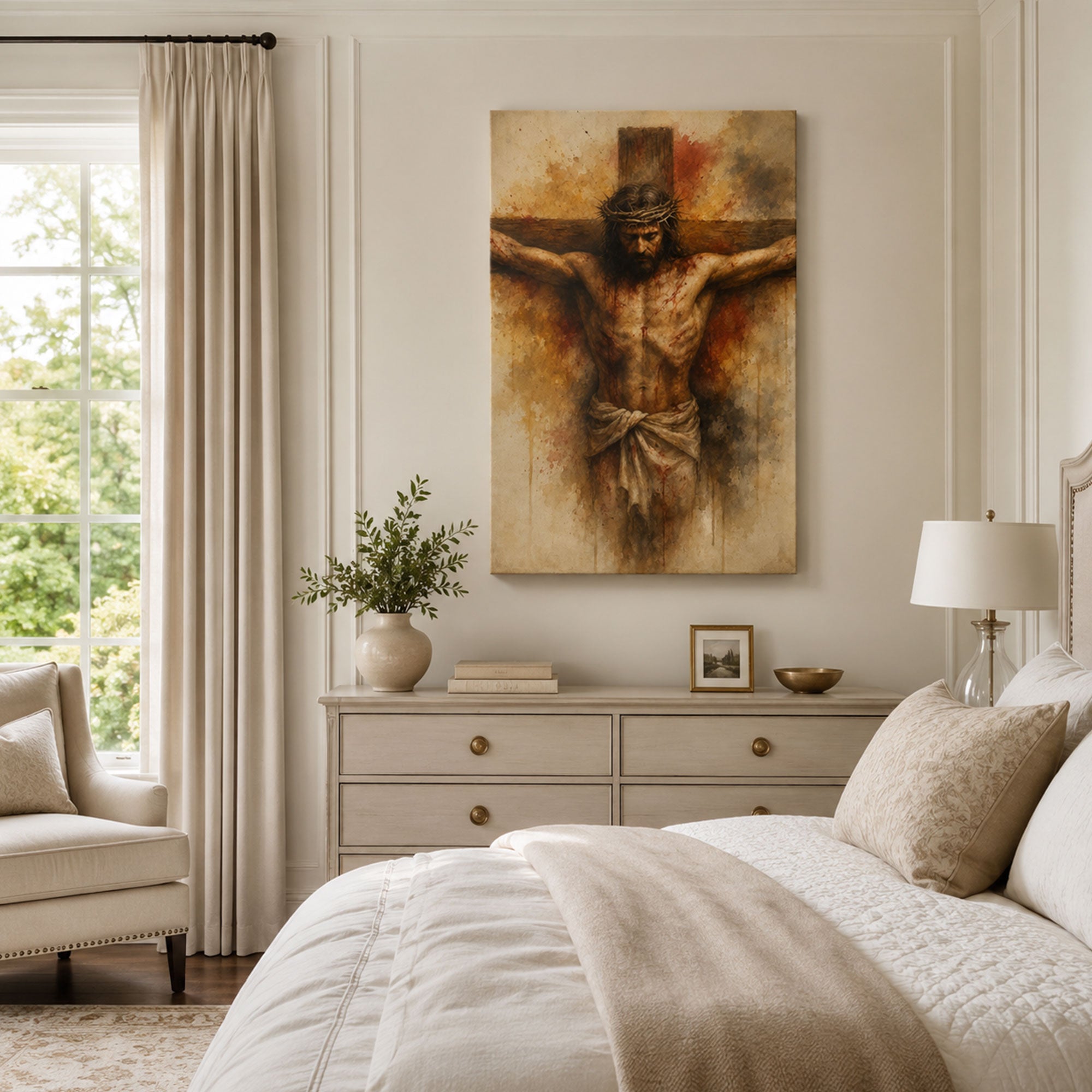 Jesus on the Cross Canvas Print, Crown of Thorns Catholic Wall Art, Passion of Christ Home Decor Gift