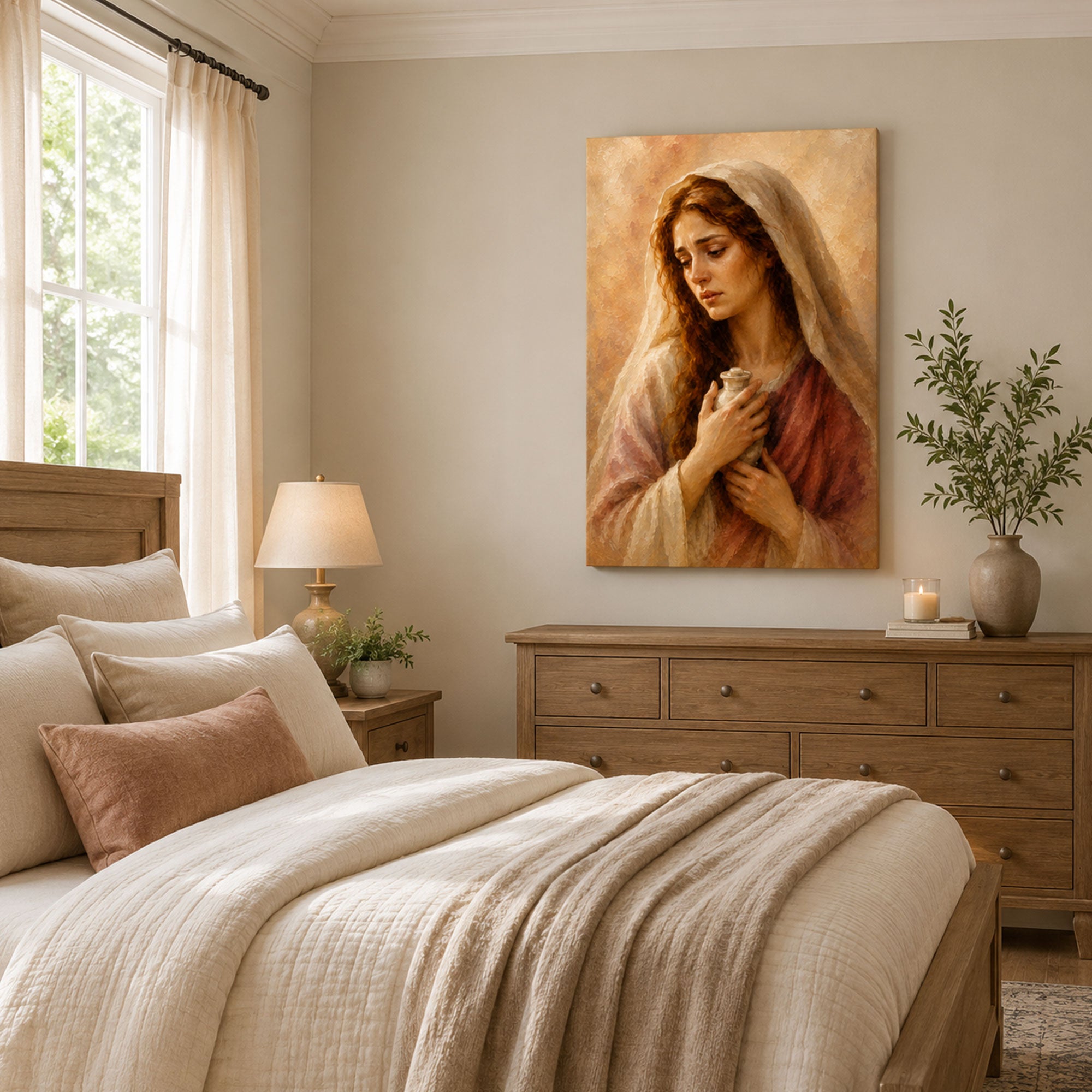 Contemplative Mary Magdalene Canvas Print, Warm Neutral Catholic Decor