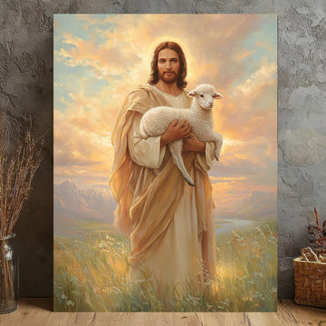 Good Shepherd Jesus Canvas Wall Art, Christ Carrying Lamb at Sunset, Christian Faith Decor, Inspirational Religious Artwork