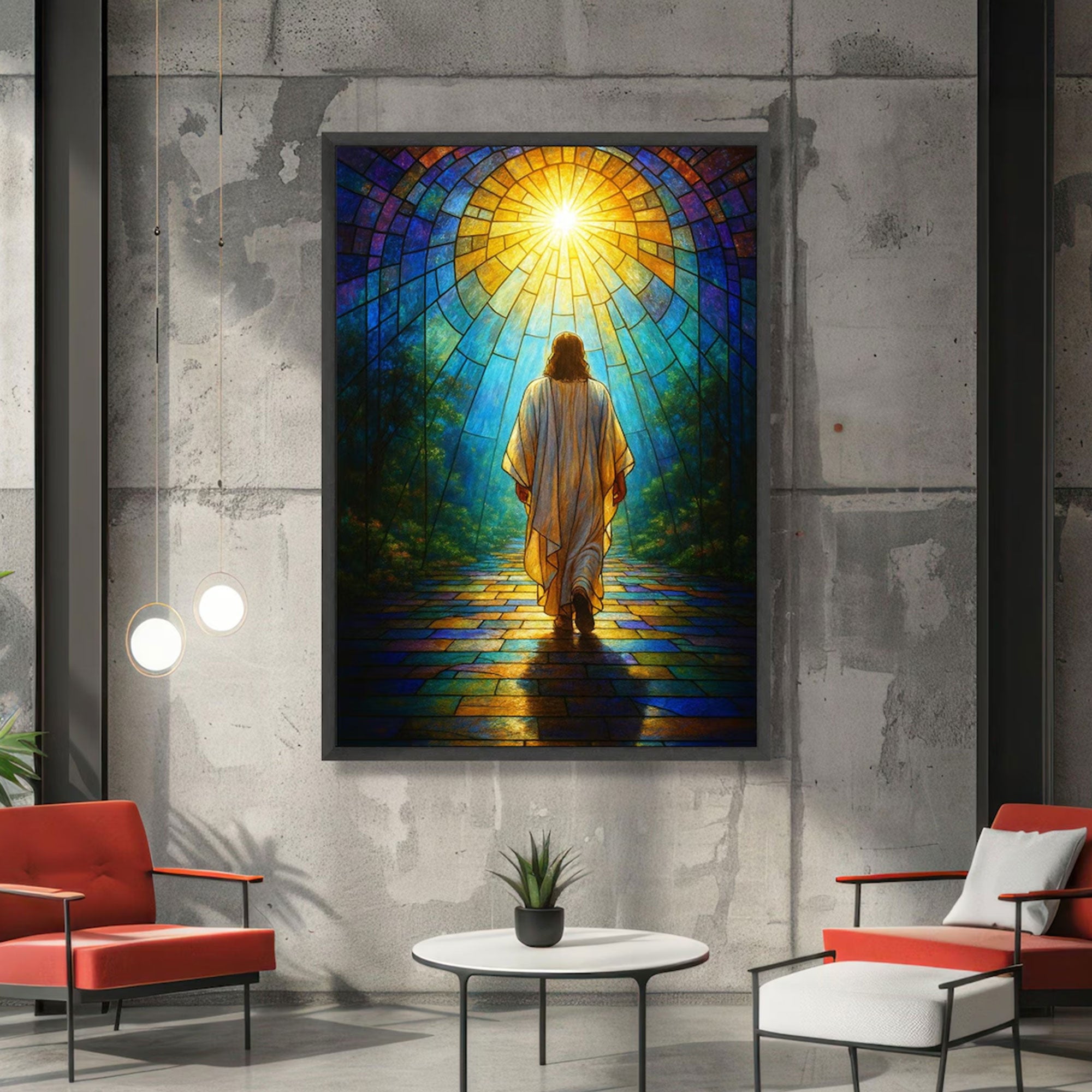 Inspirational Jesus Walking Path Canvas Print, Stained Glass Sunlight Christian Wall Art, Faith Journey Home Decor