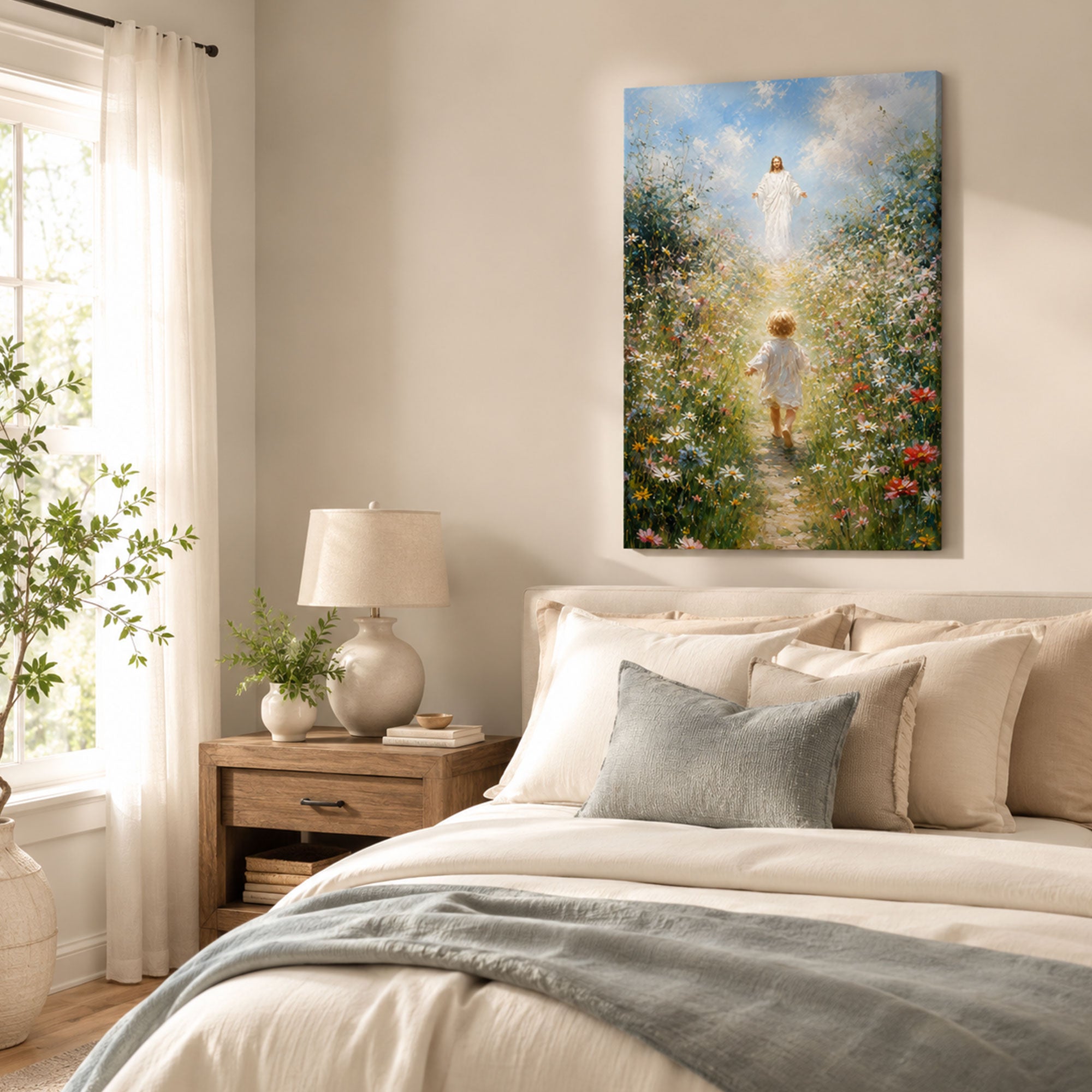Jesus Welcoming Child Canvas Print, Christian Flower Field Wall Art, Peaceful Faith Home Decor Gift
