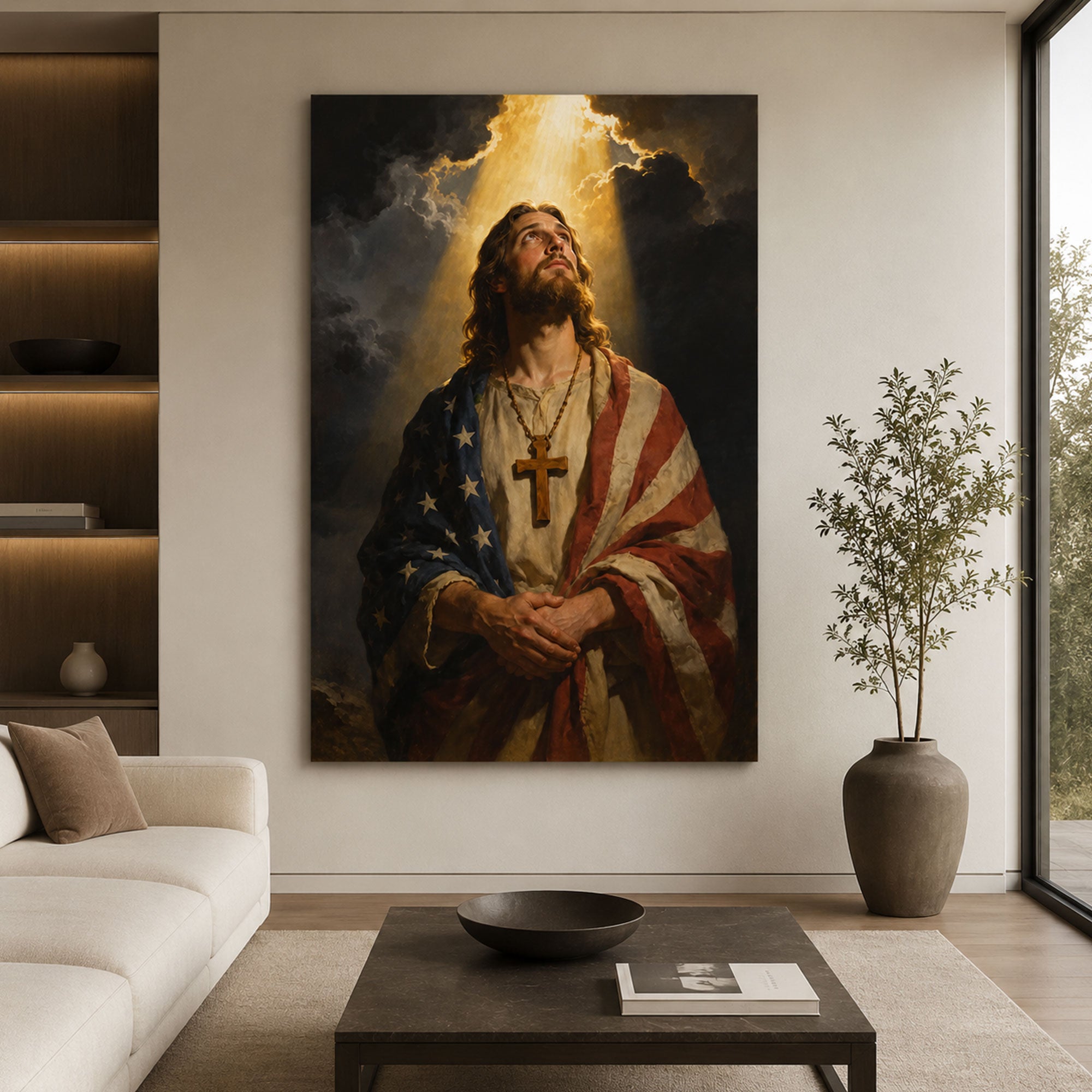 Patriotic Jesus Christ Canvas Print, American Flag Christian Wall Art, USA Faith Home Decor