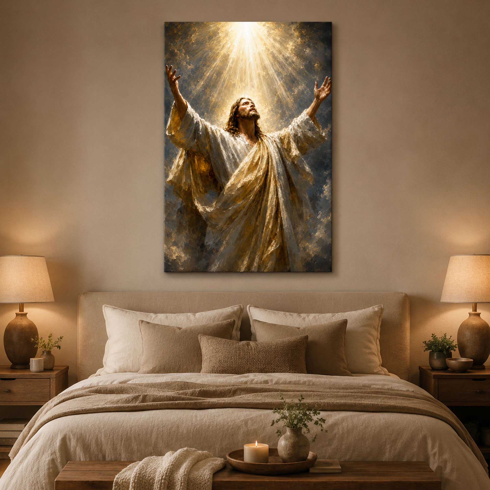 Jesus in Heavenly Light Canvas Print, Christian Worship Wall Art, Faith Home Decor