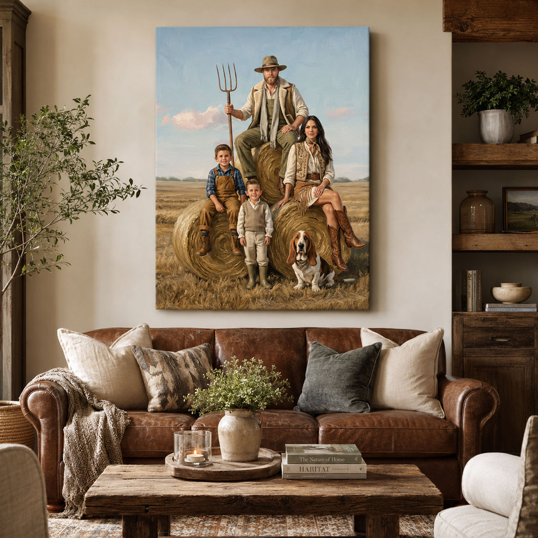 Custom Face For Dad Harvest Family Canvas, Personalized Father and Kids Portrait Gift